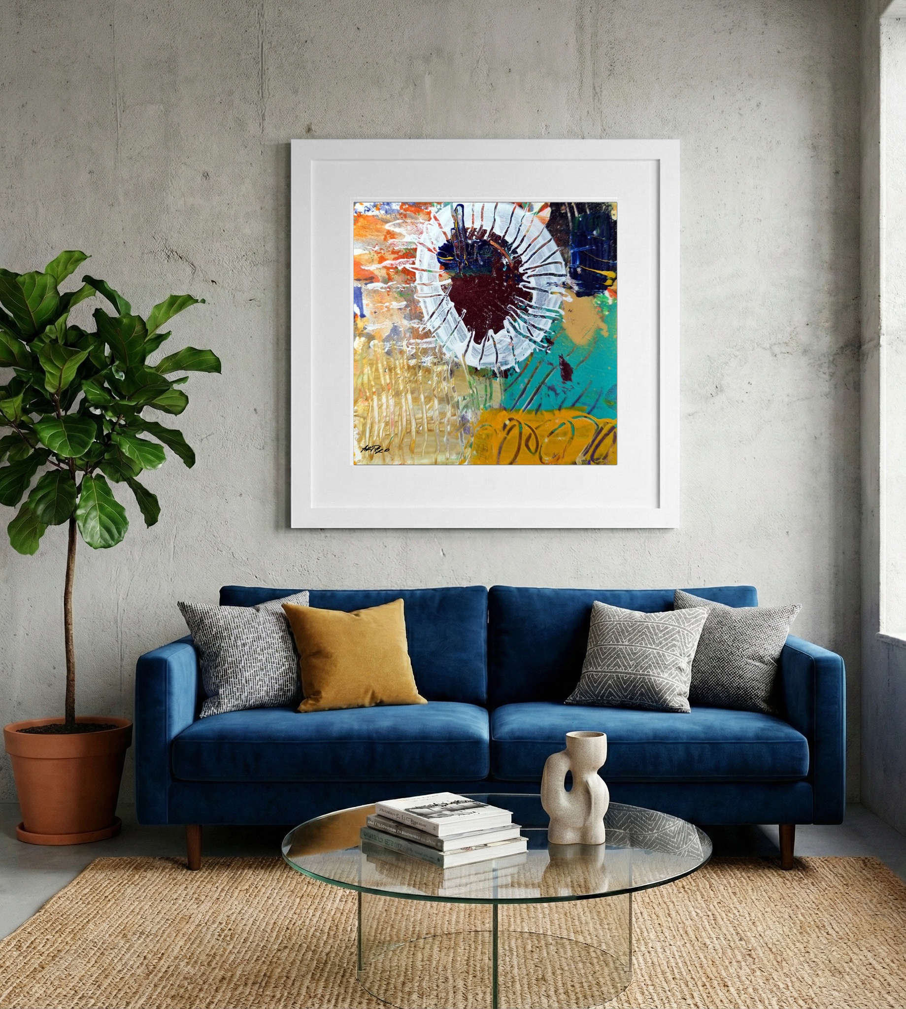 Electric Cerulean and Burgundy Abstract — art on the wall, room interior preview 2