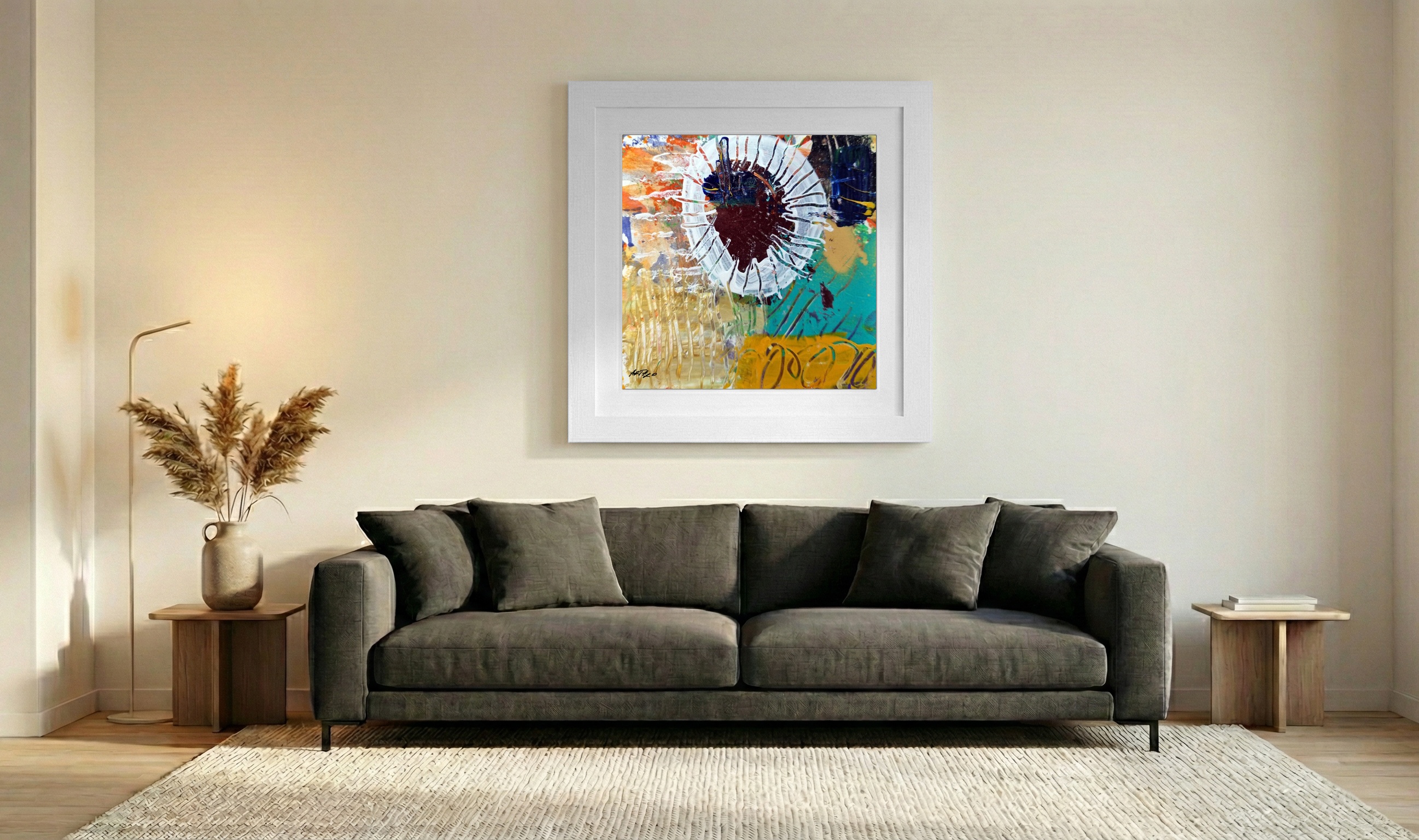 Electric Cerulean and Burgundy Abstract — art on the wall, room interior preview 3