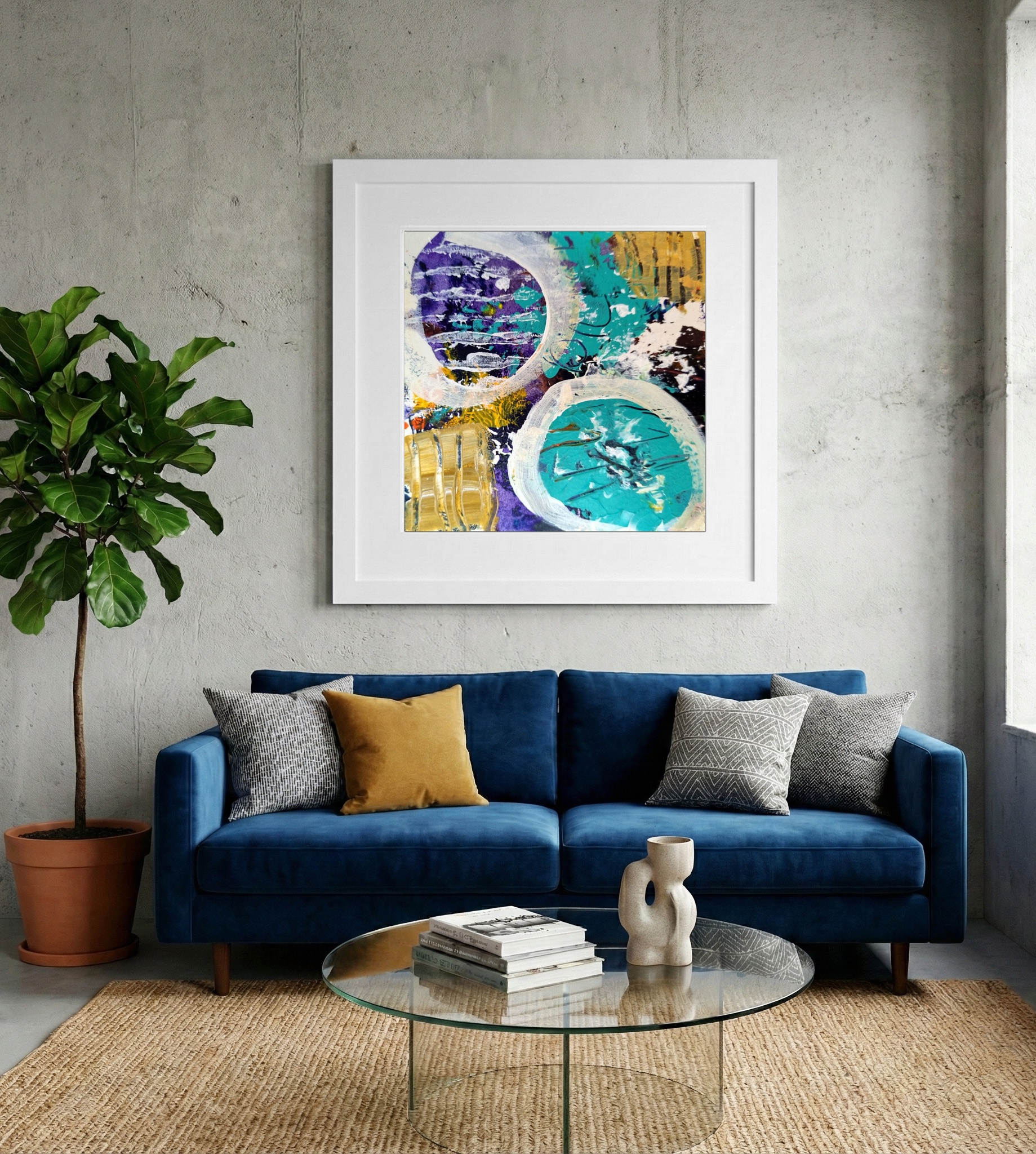 Teal and Gold Swirls on Paper — art on the wall, room interior preview 2
