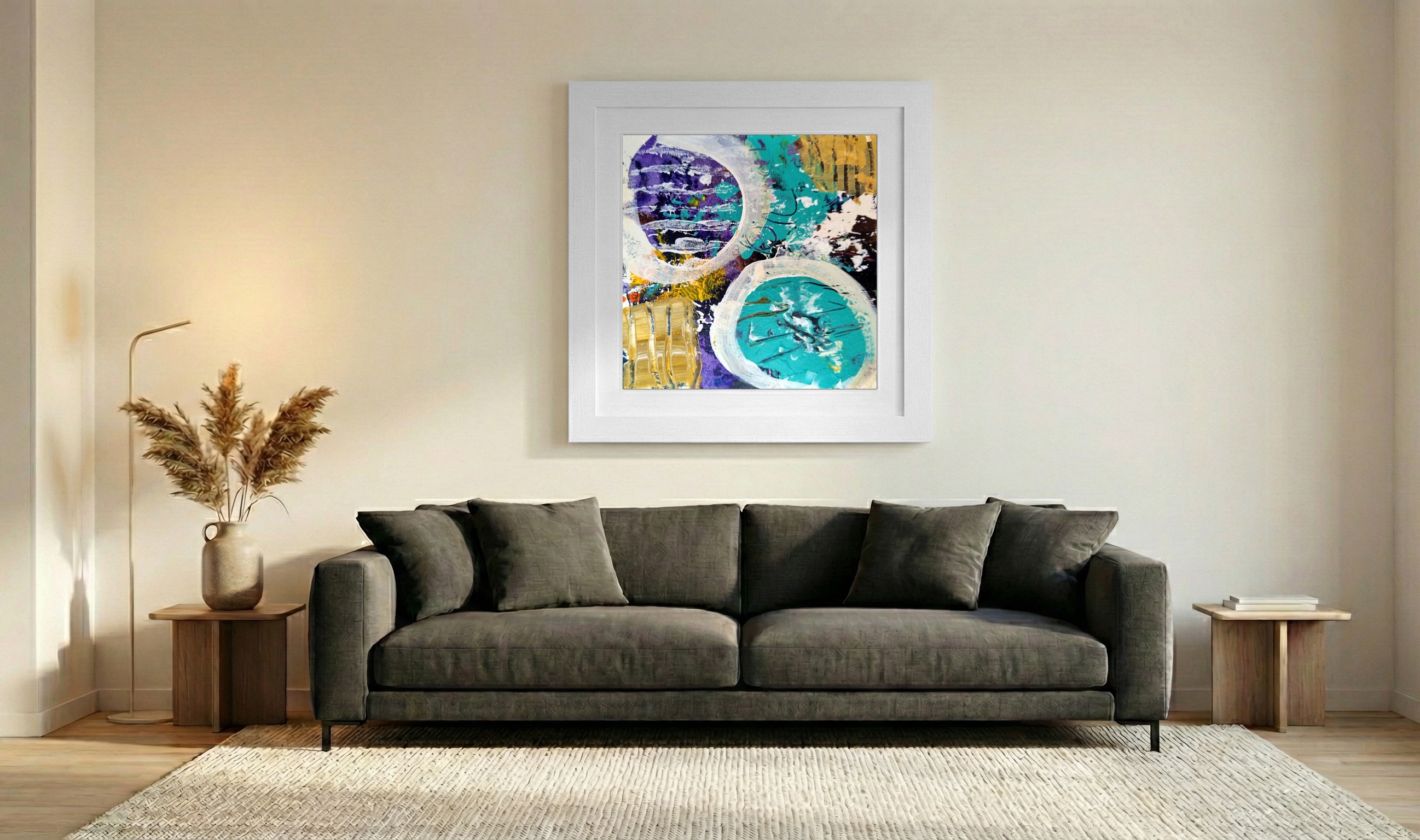 Teal and Gold Swirls on Paper — art on the wall, room interior preview 3