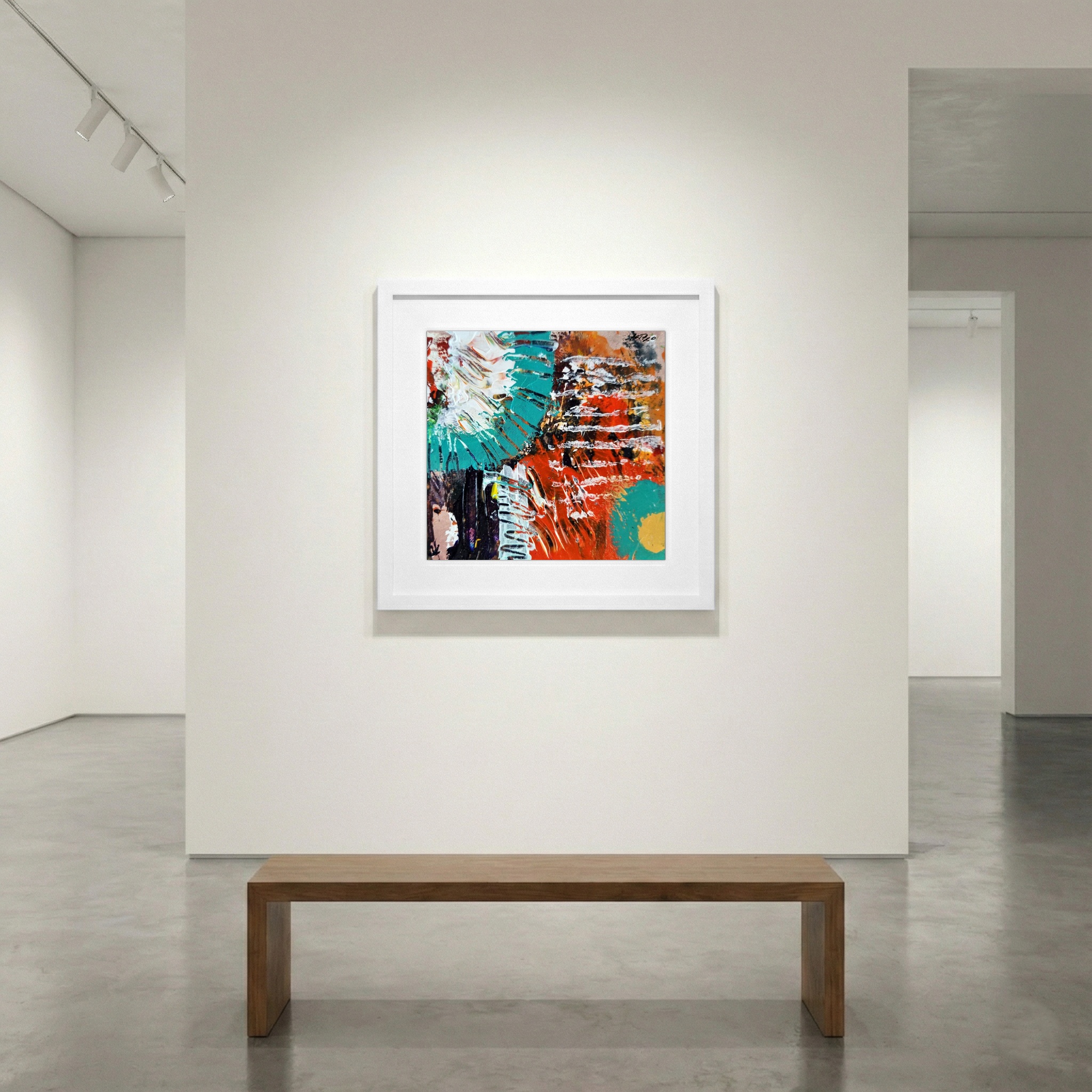 Turquoise and Burnt Orange Abstract on Paper — art on the wall, room interior preview 1