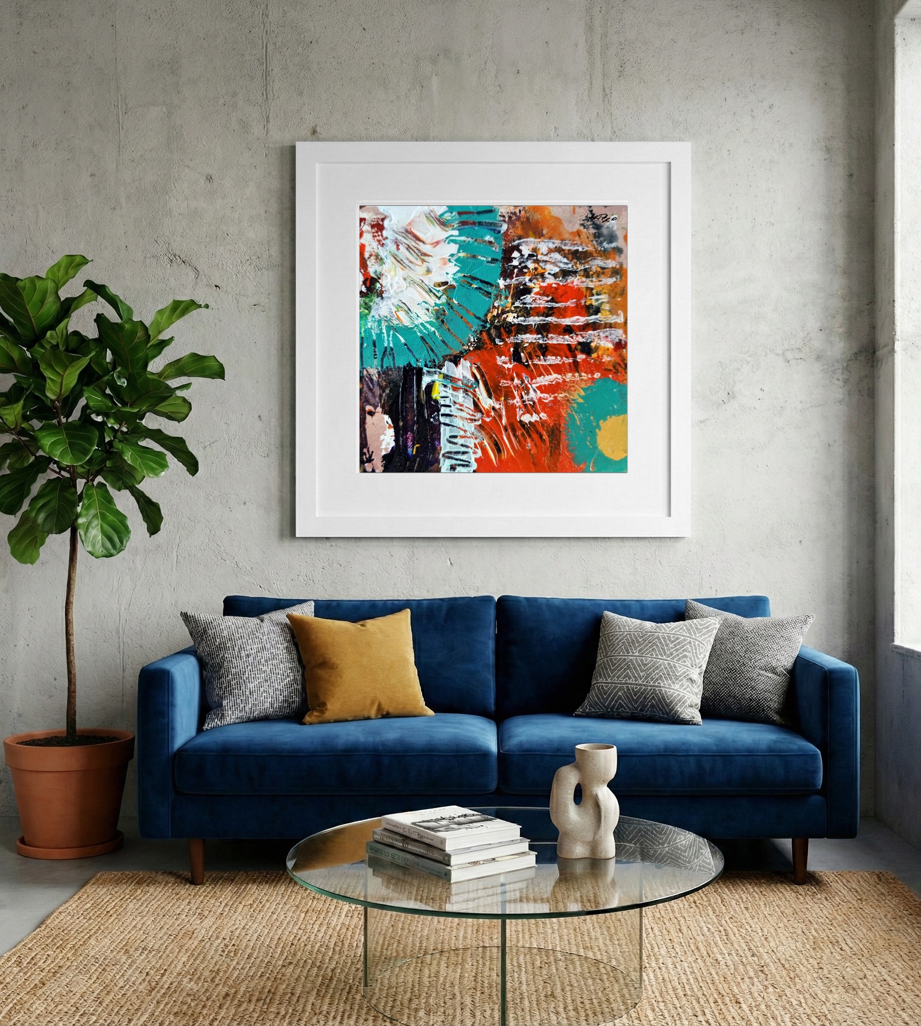Turquoise and Burnt Orange Abstract on Paper — art on the wall, room interior preview 2