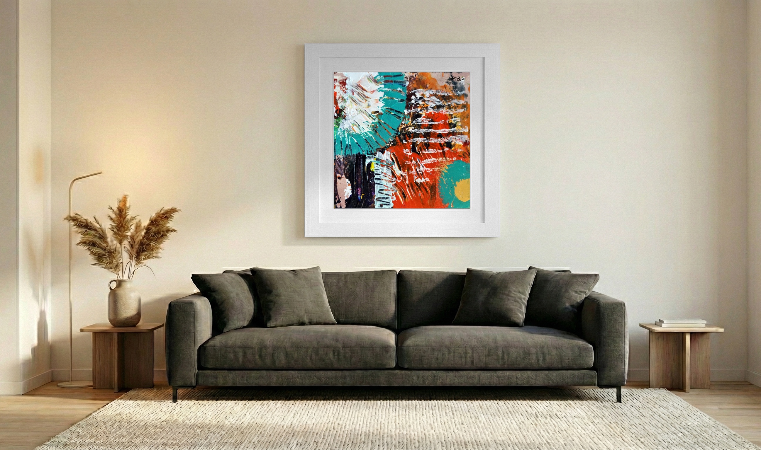 Turquoise and Burnt Orange Abstract on Paper — art on the wall, room interior preview 3