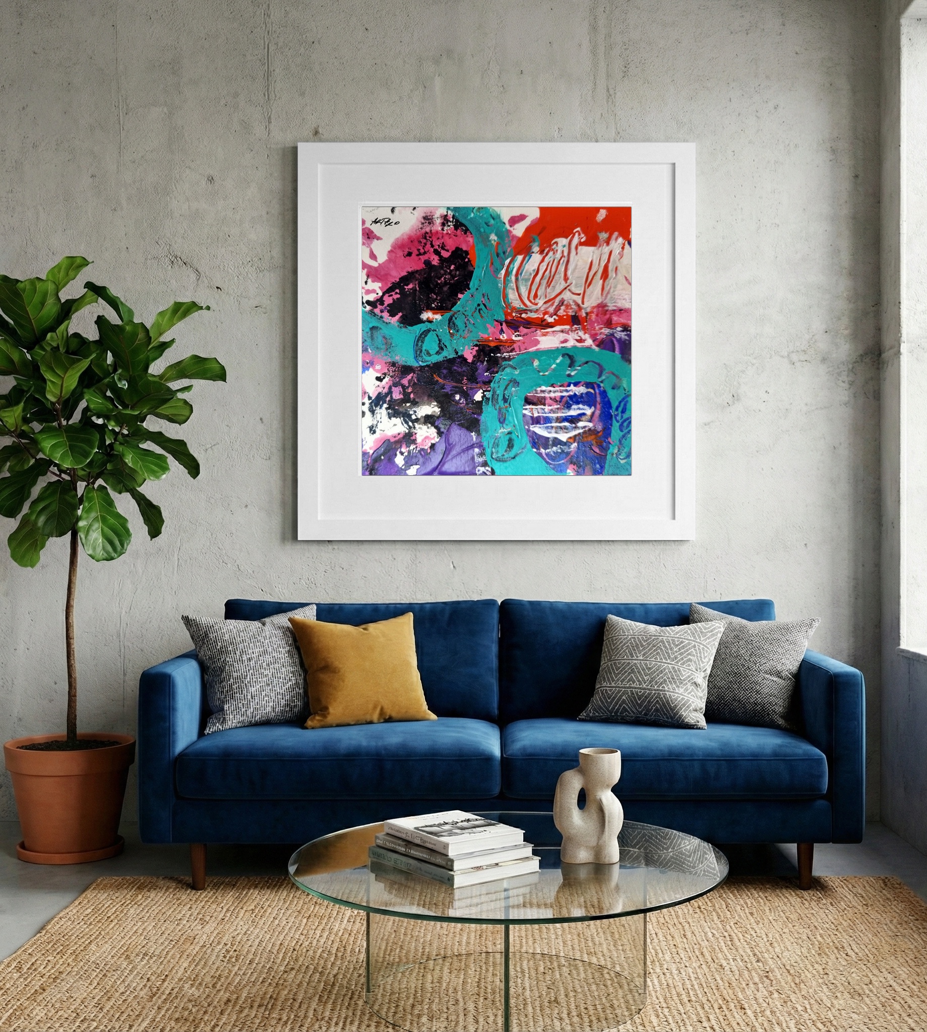 Turquoise and Purple Acrylic Abstract — art on the wall, room interior preview 2