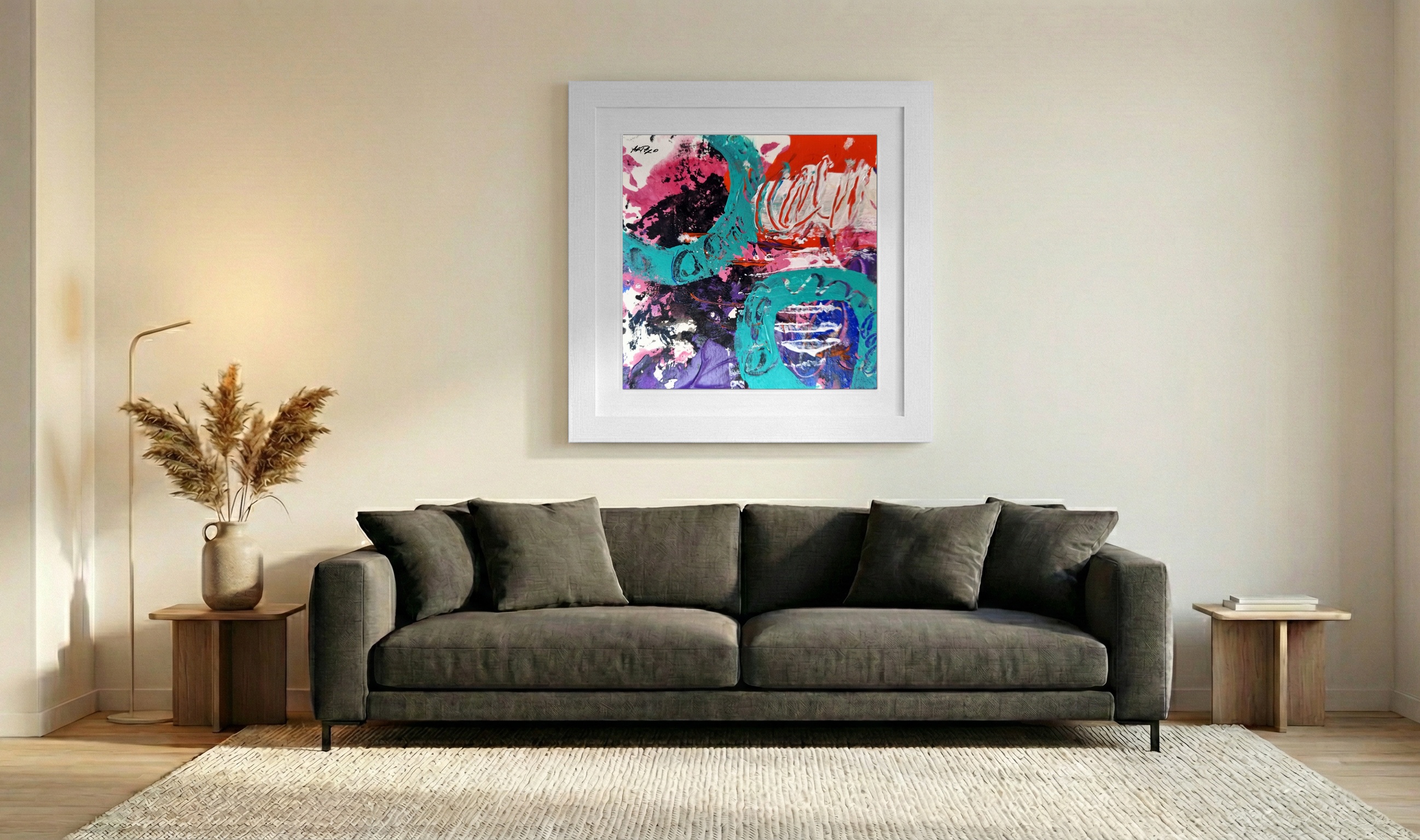 Turquoise and Purple Acrylic Abstract — art on the wall, room interior preview 3