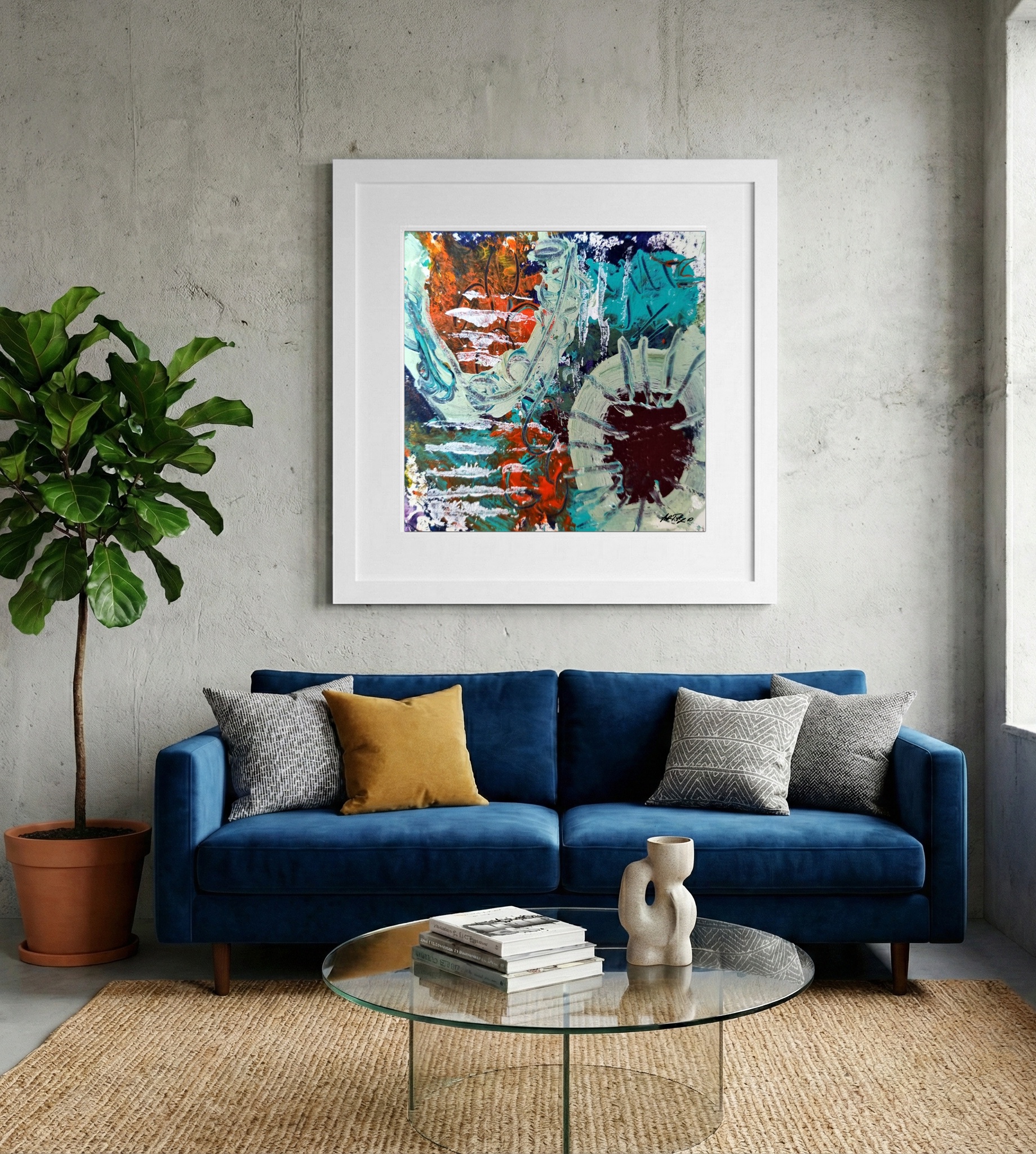 Teal and Orange Swirls on Paper — art on the wall, room interior preview 2