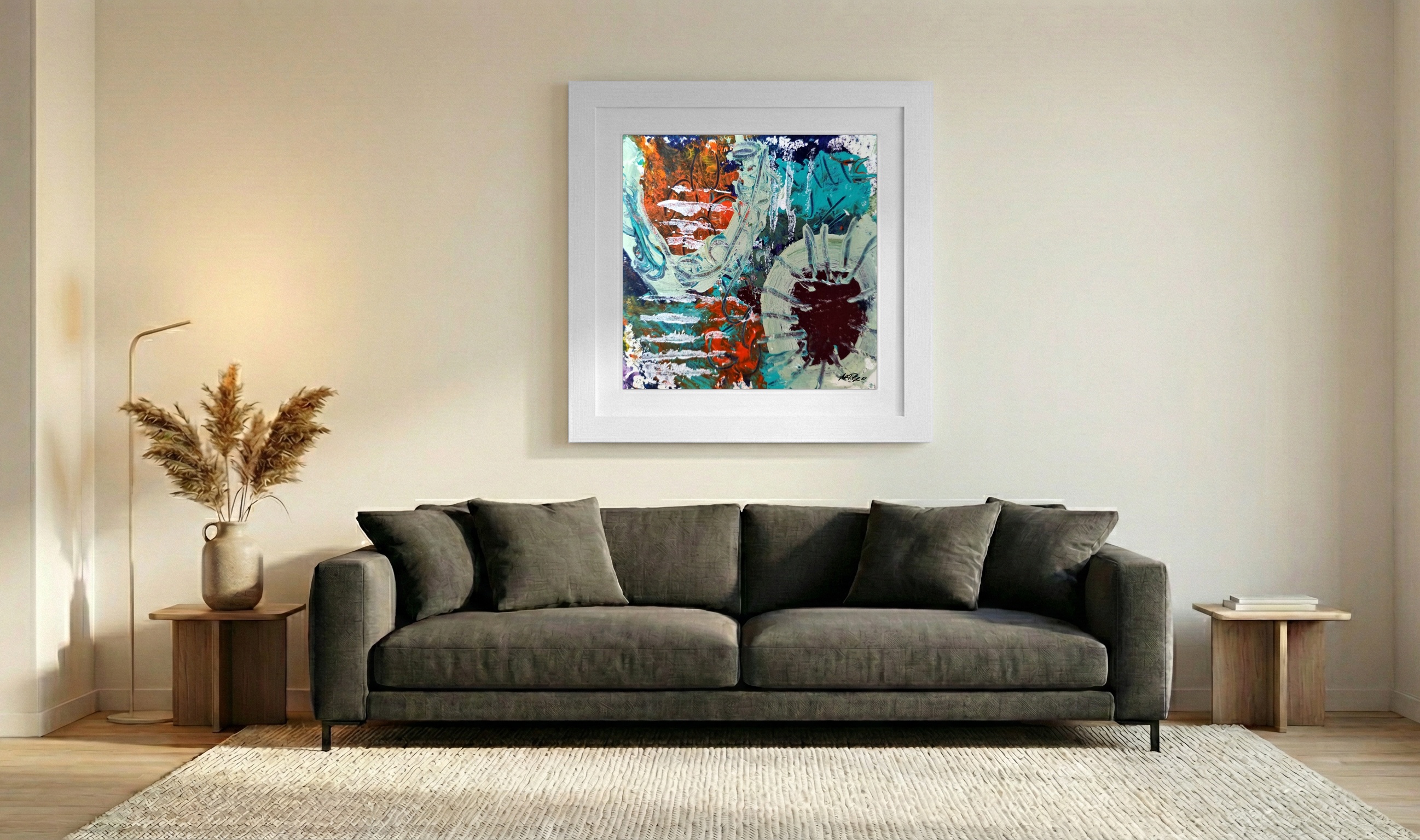 Teal and Orange Swirls on Paper — art on the wall, room interior preview 3