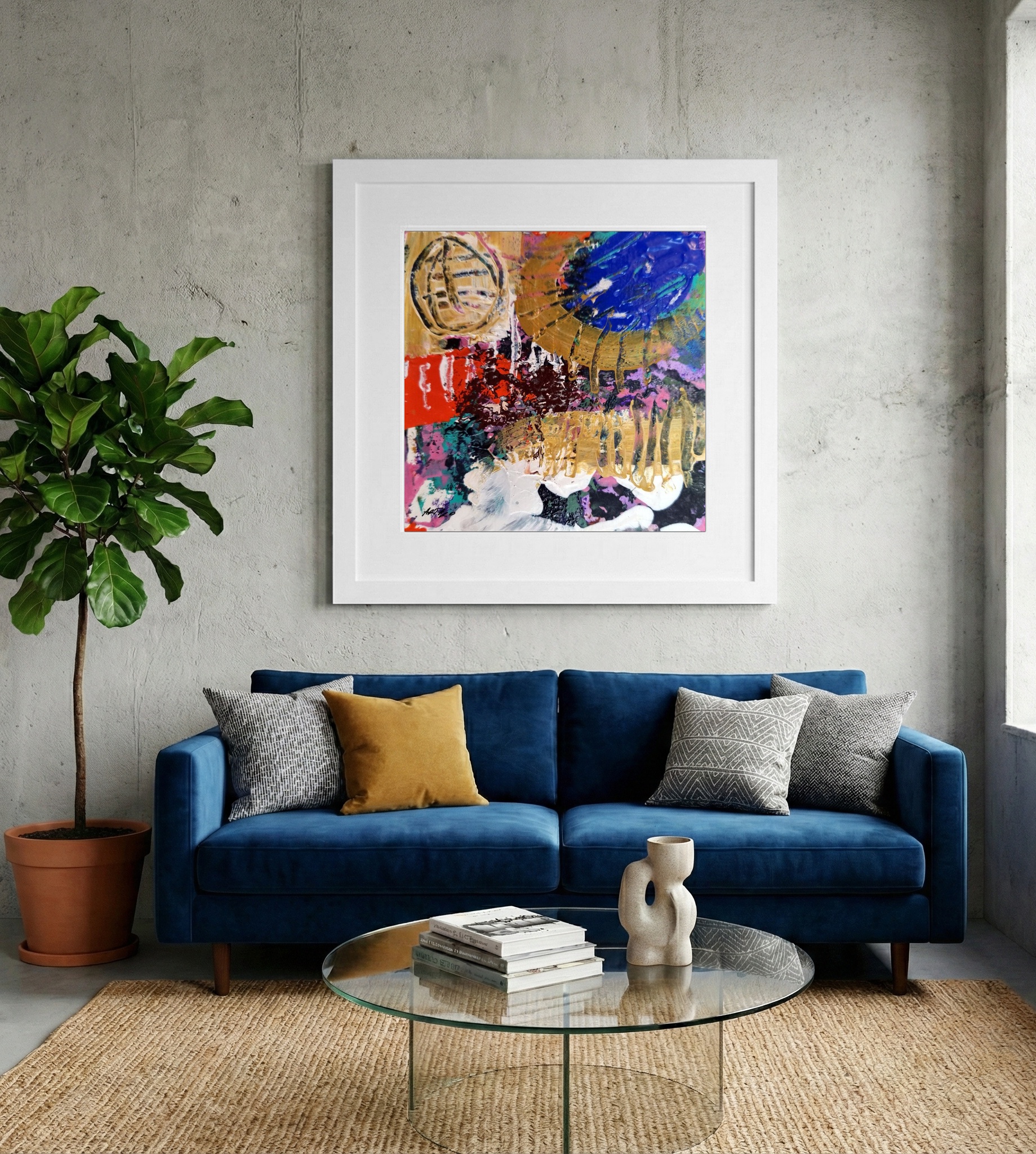 Gold and Blue Abstract on Paper — art on the wall, room interior preview 2