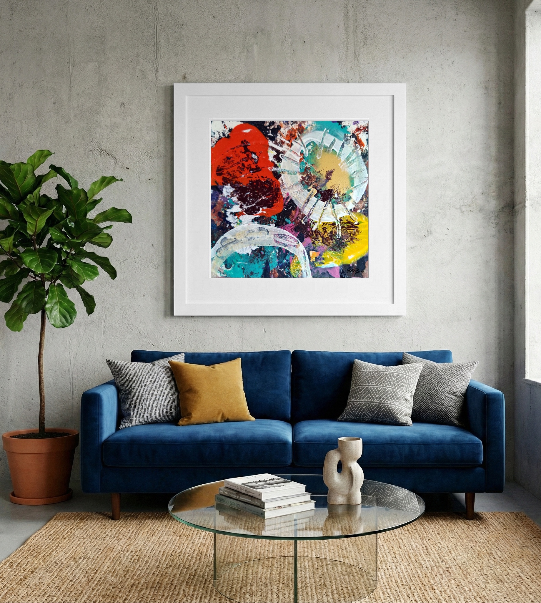 Crimson and Yellow Abstract on Paper — art on the wall, room interior preview 2