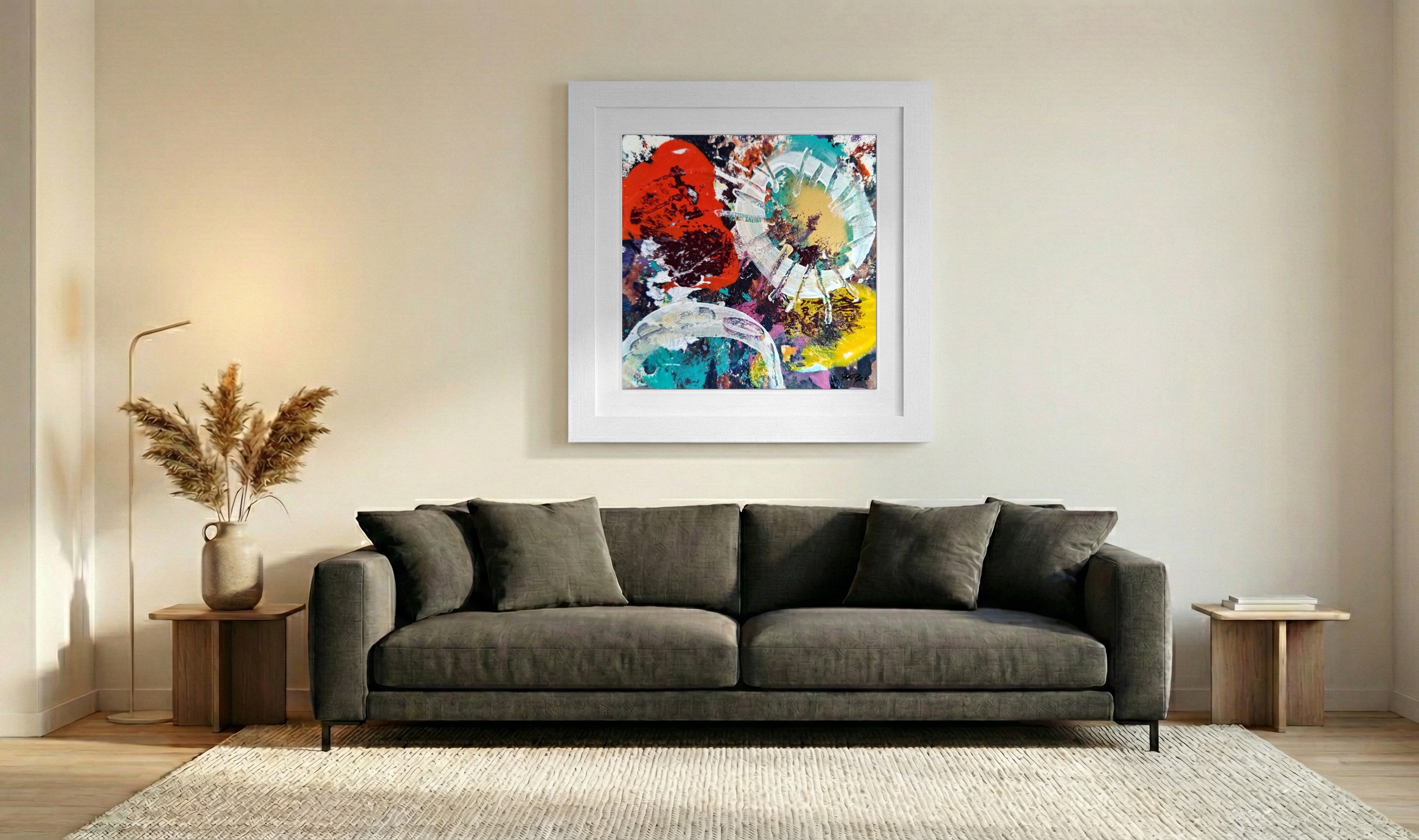 Crimson and Yellow Abstract on Paper — art on the wall, room interior preview 3