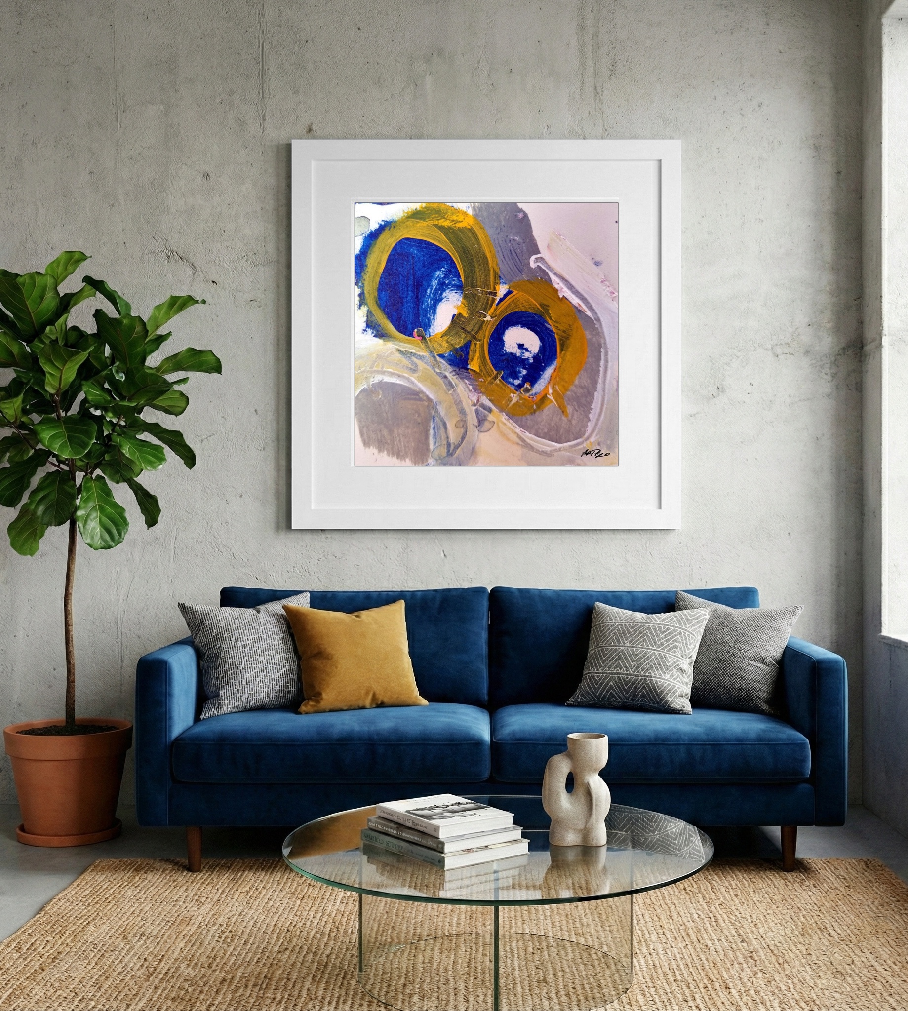 Cobalt and Golden Ochre Abstract on Paper — art on the wall, room interior preview 2