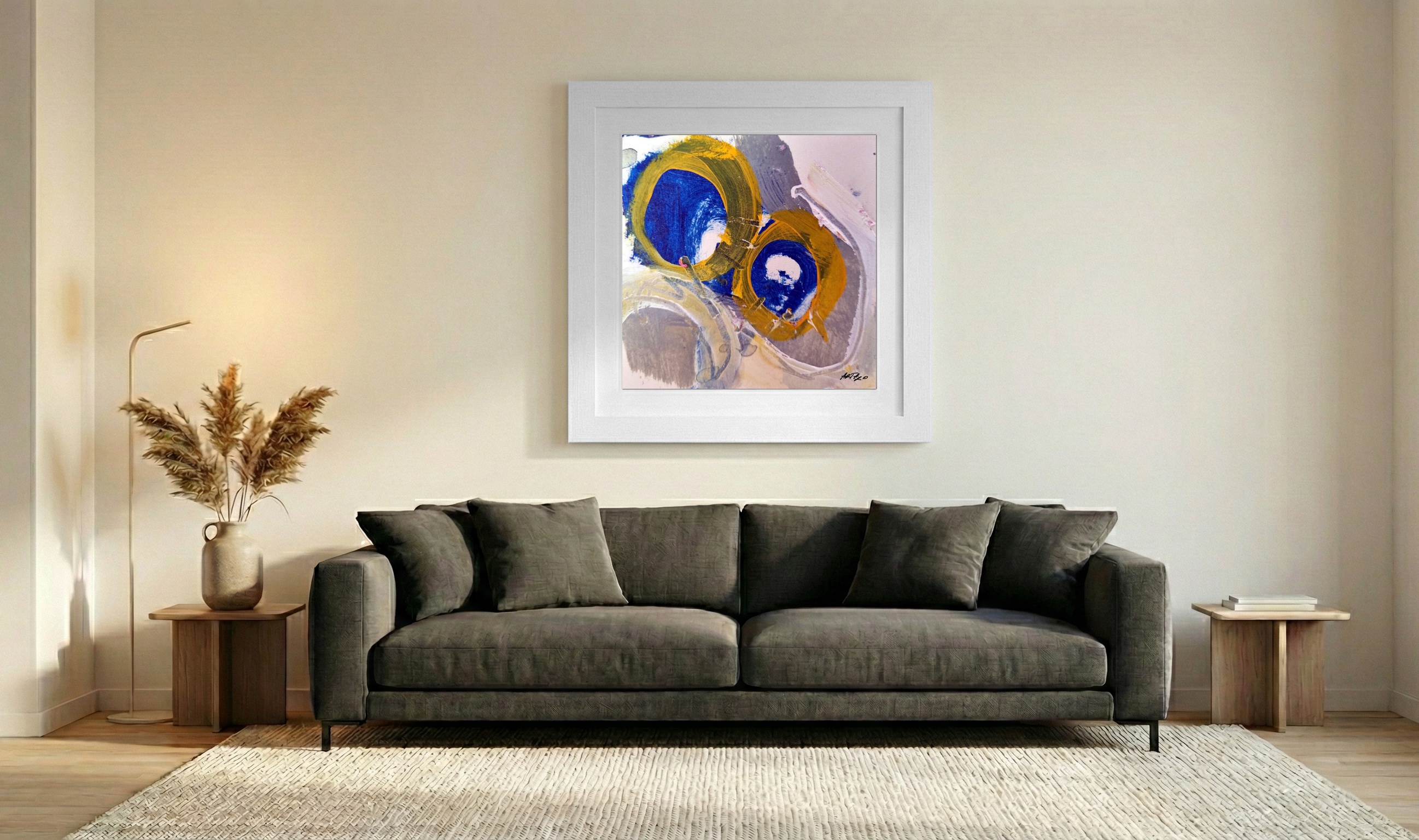 Cobalt and Golden Ochre Abstract on Paper — art on the wall, room interior preview 3