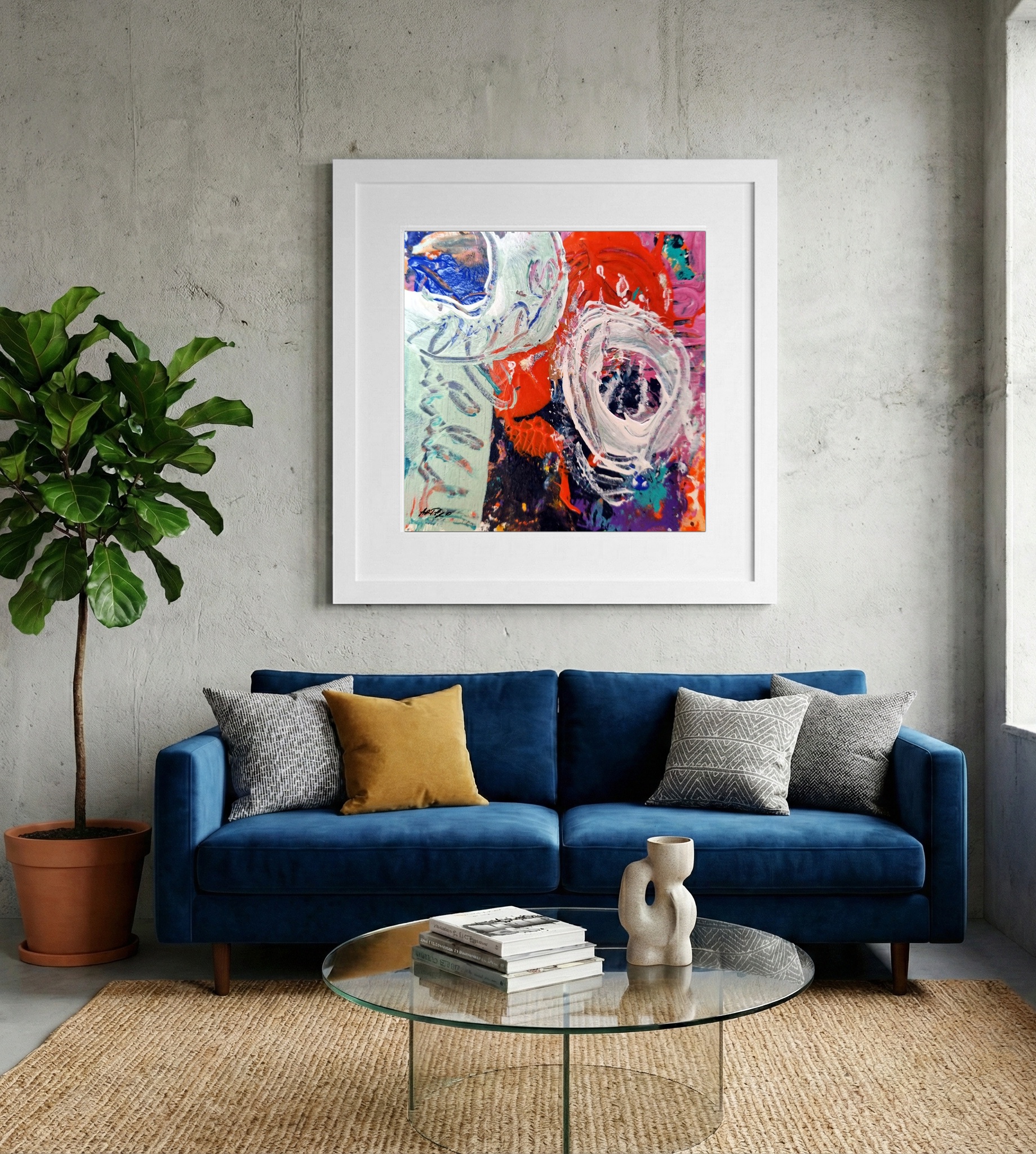Cerulean and Orange Swirls on Paper — art on the wall, room interior preview 2
