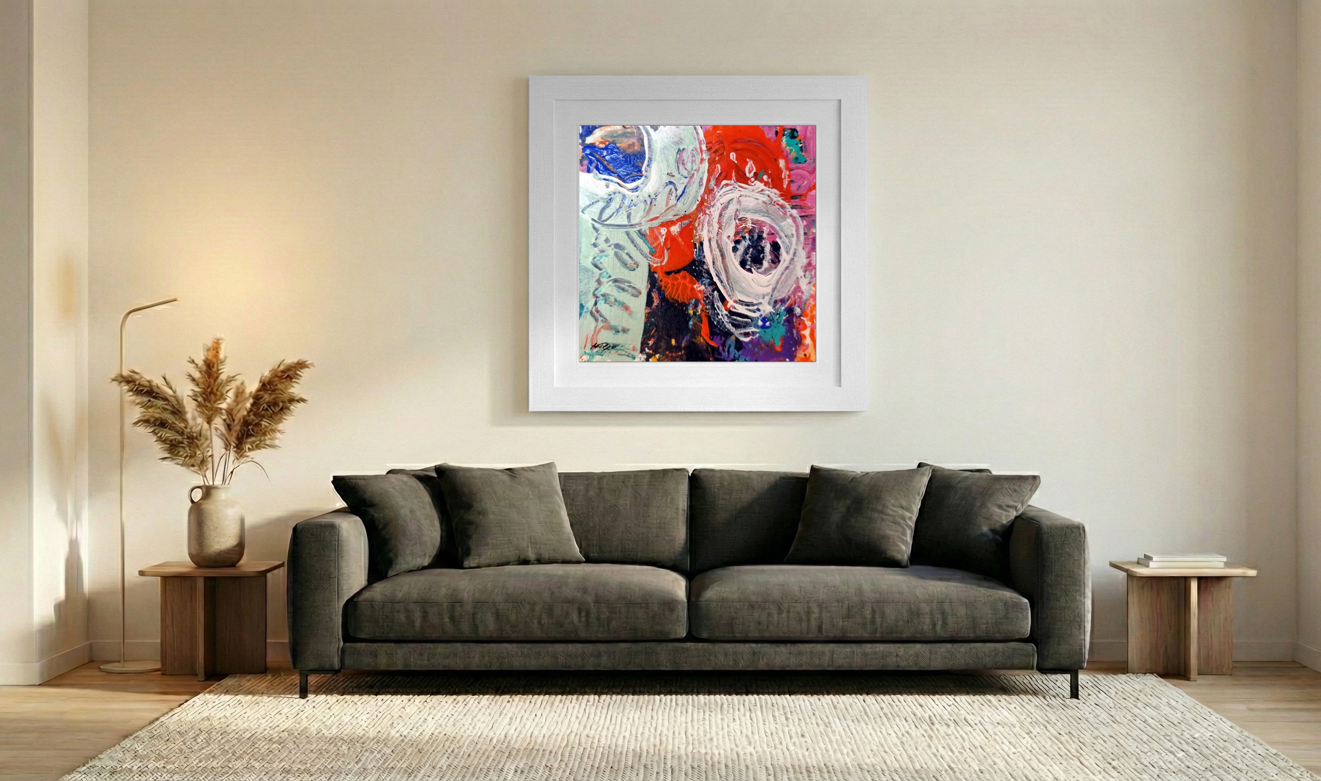 Cerulean and Orange Swirls on Paper — art on the wall, room interior preview 3