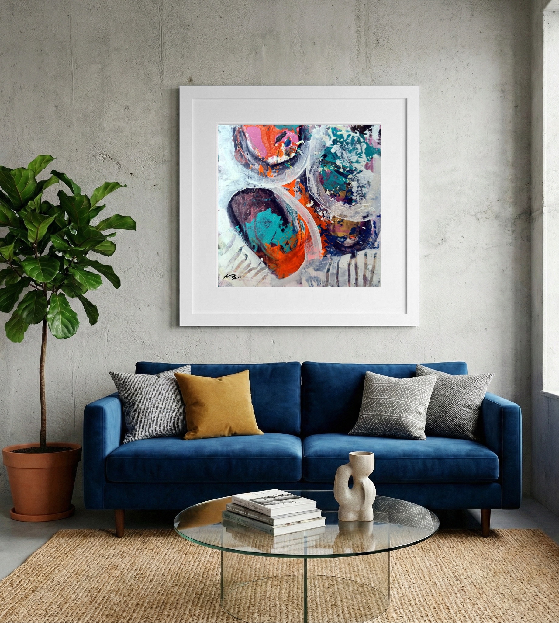 Turquoise and Orange Acrylic Swirls on Paper — art on the wall, room interior preview 2