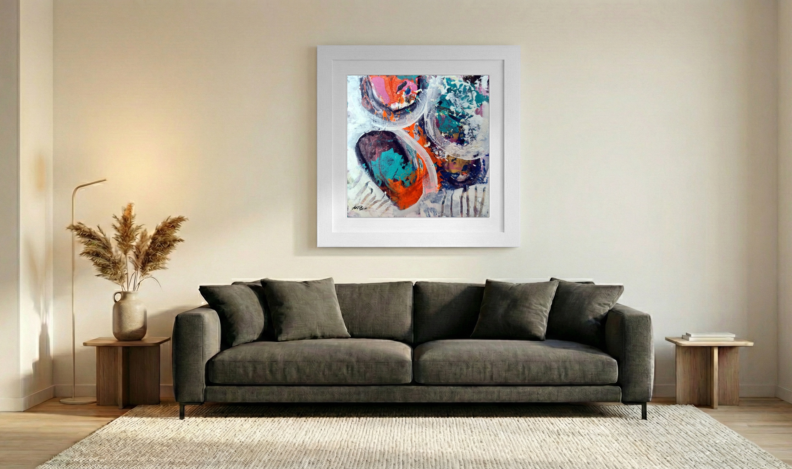 Turquoise and Orange Acrylic Swirls on Paper — art on the wall, room interior preview 3