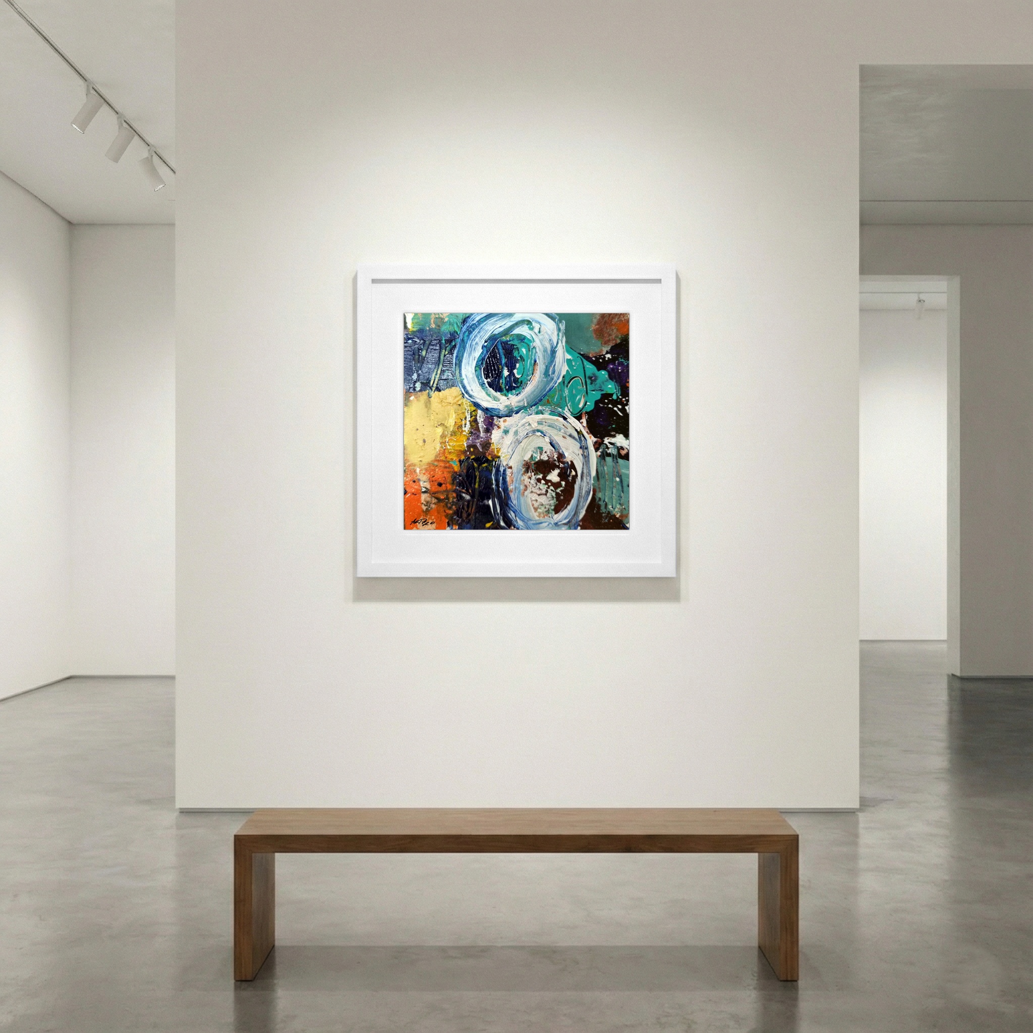 Turquoise and Emerald Circular Abstraction — art on the wall, room interior preview 1