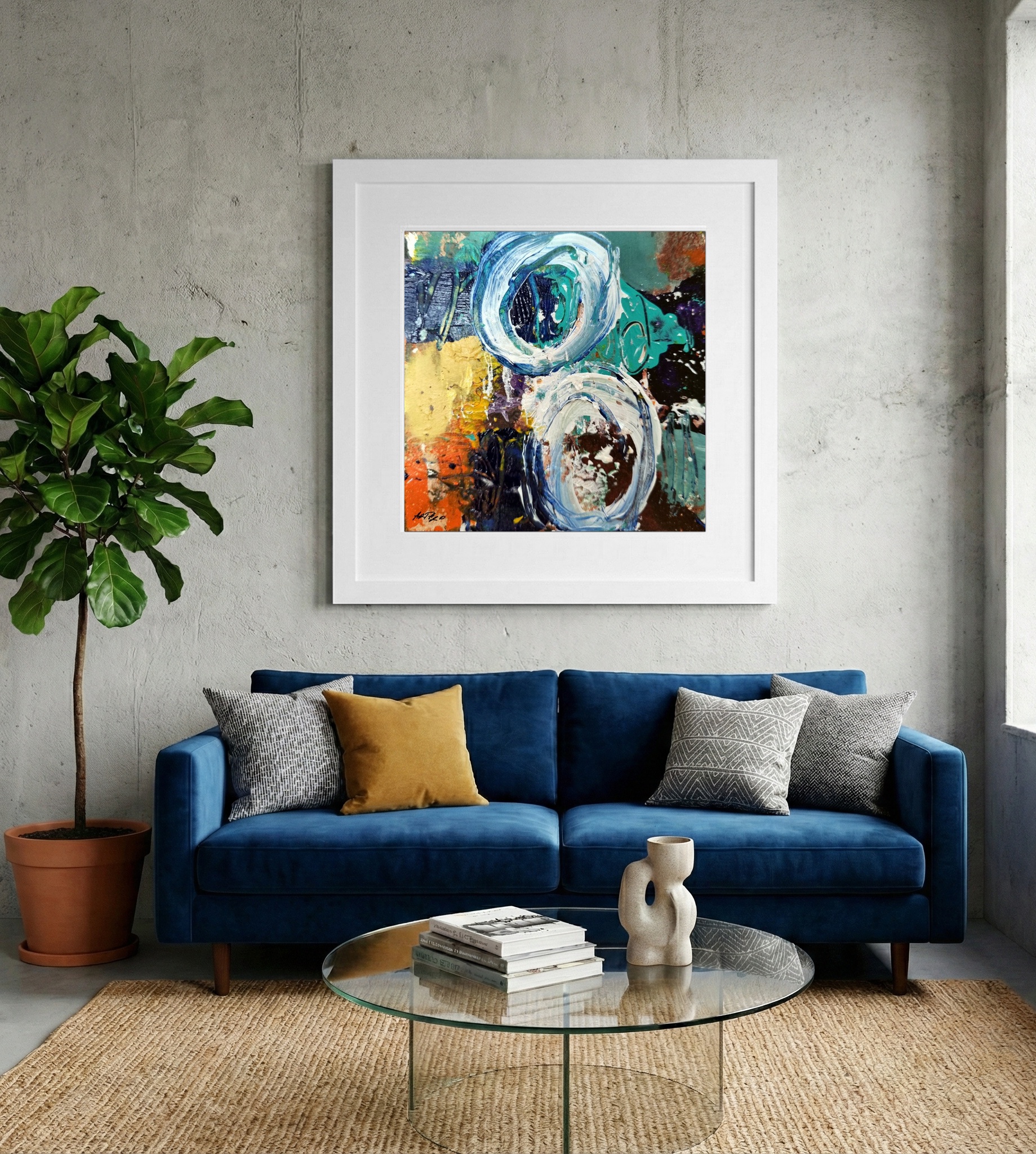Turquoise and Emerald Circular Abstraction — art on the wall, room interior preview 2