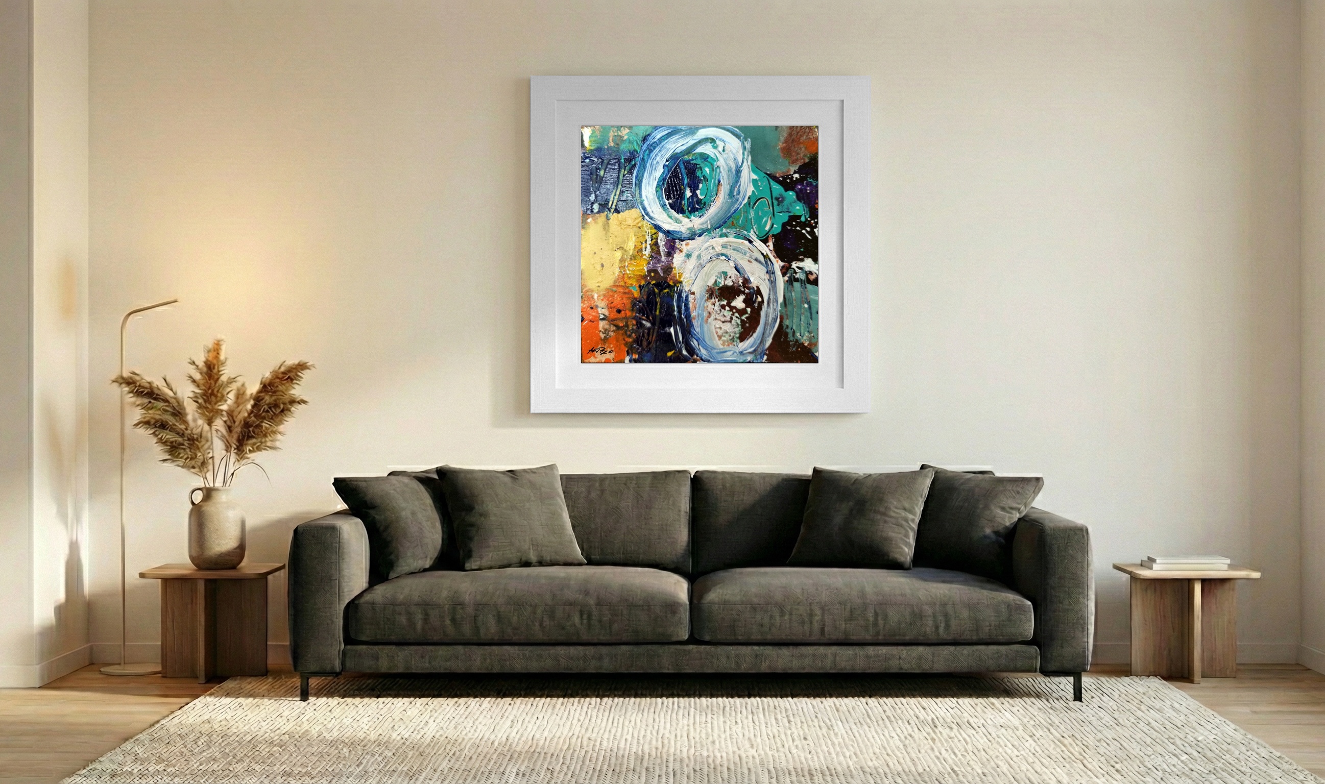 Turquoise and Emerald Circular Abstraction — art on the wall, room interior preview 3