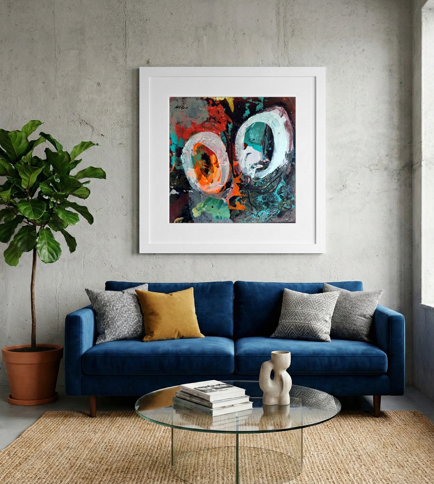 Turquoise and Orange Organic Abstract on Paper — art on the wall, room interior preview 2