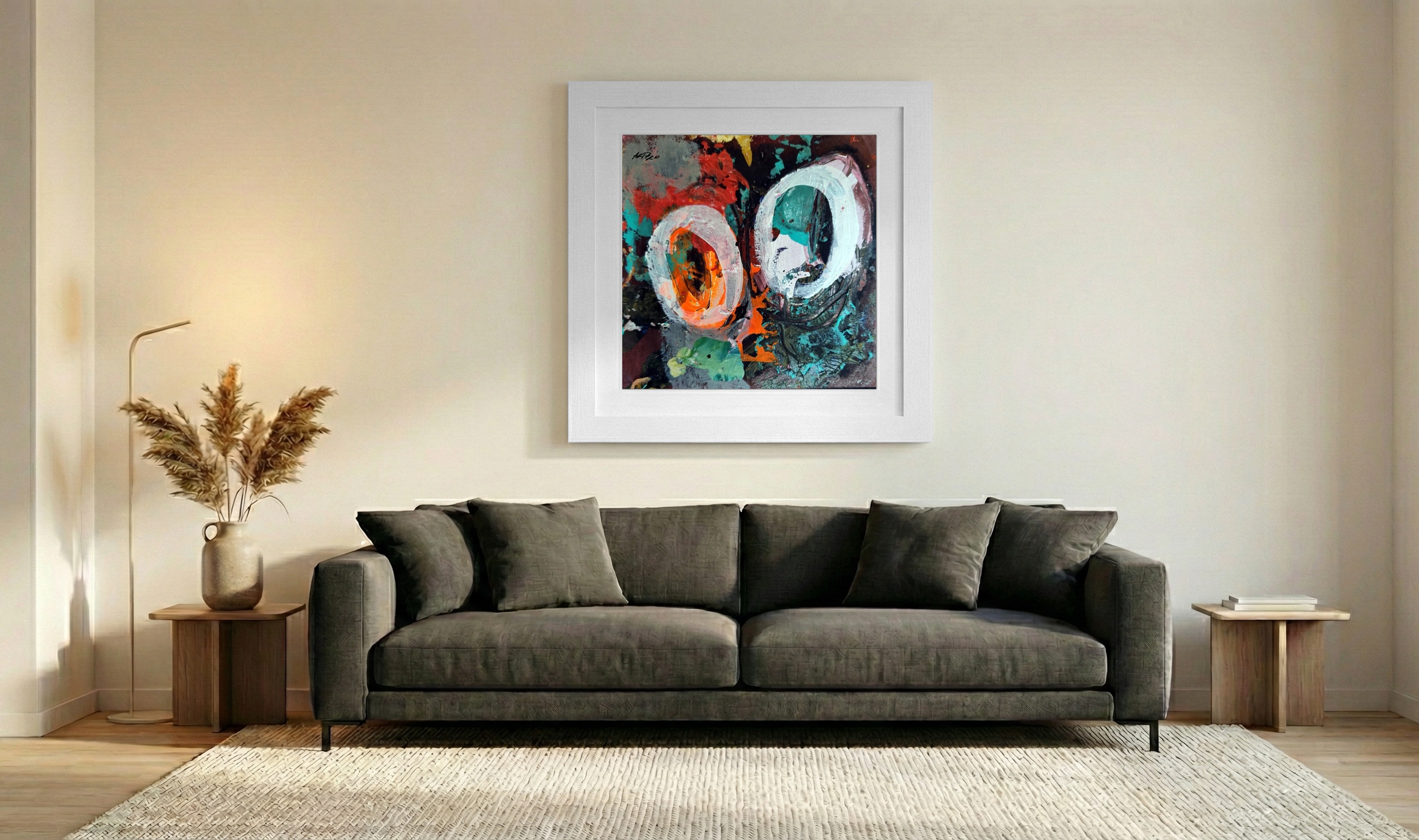 Turquoise and Orange Organic Abstract on Paper — art on the wall, room interior preview 3