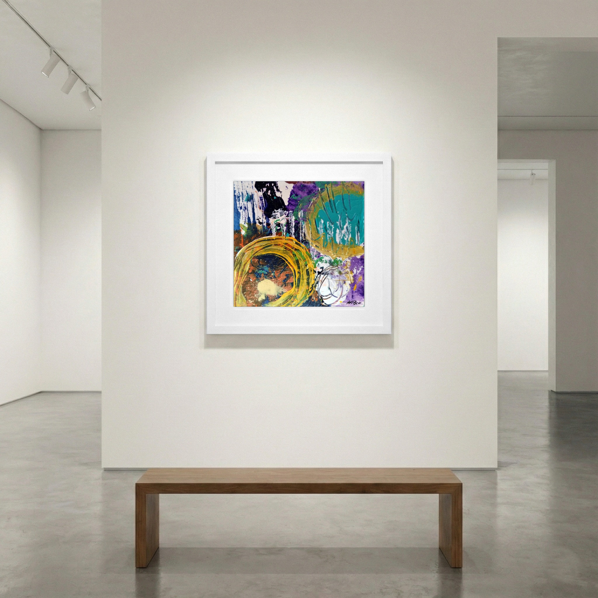 Turquoise and Ochre Swirls on Paper — art on the wall, room interior preview 1