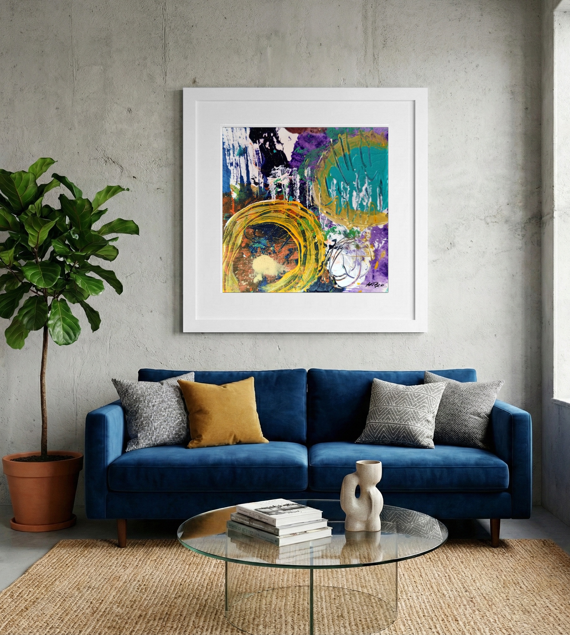 Turquoise and Ochre Swirls on Paper — art on the wall, room interior preview 2