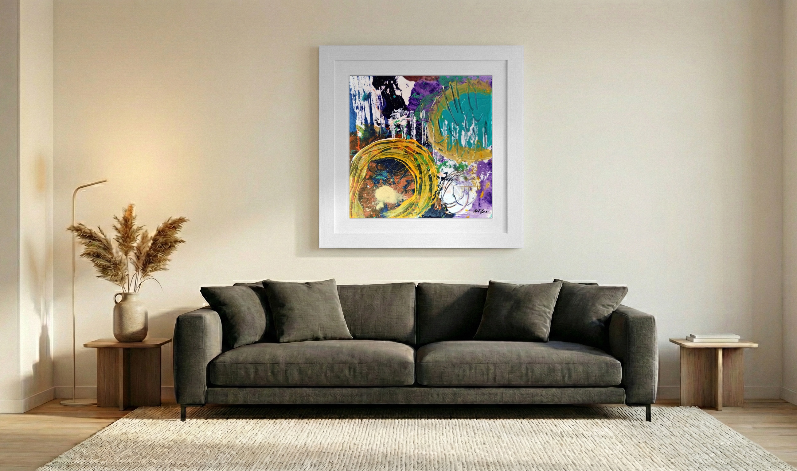 Turquoise and Ochre Swirls on Paper — art on the wall, room interior preview 3