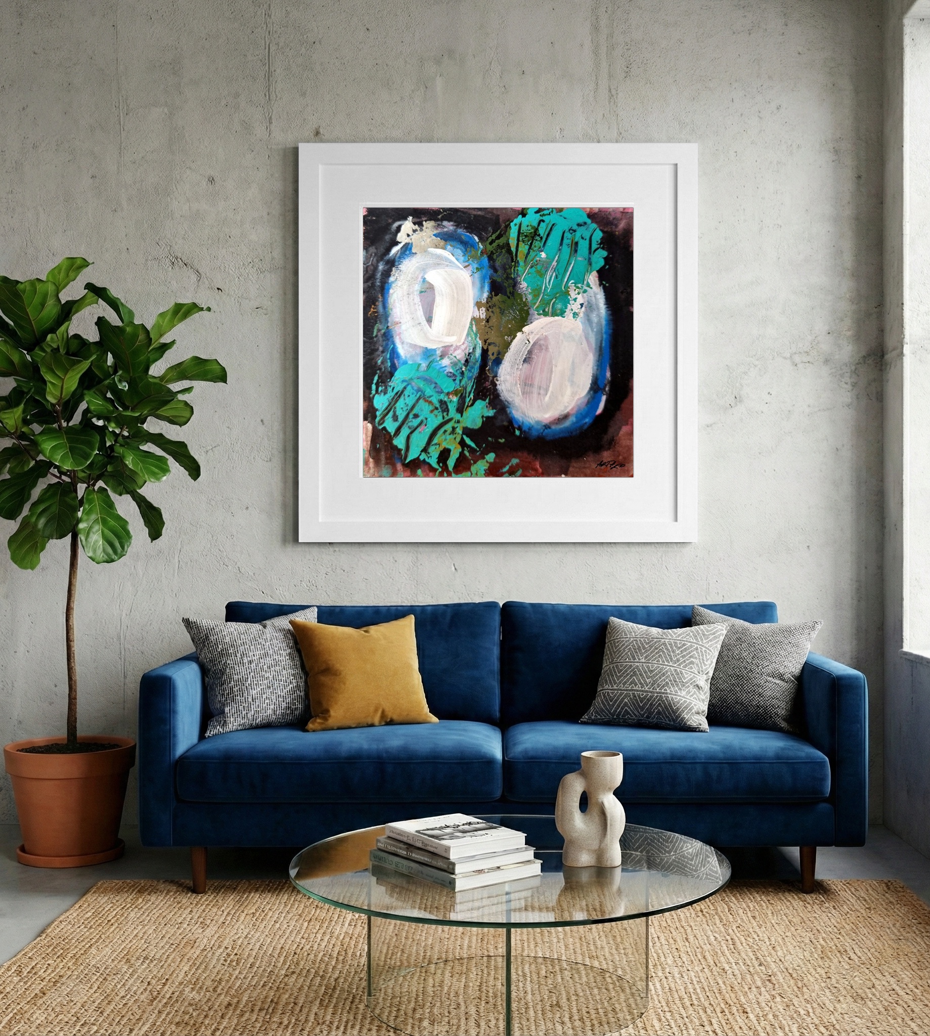 Turquoise and Emerald Abstract Painting — art on the wall, room interior preview 2