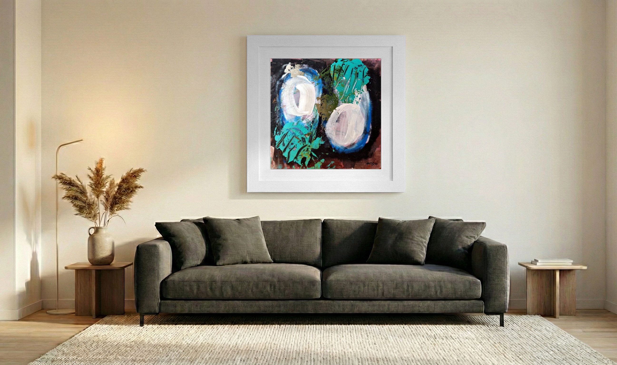 Turquoise and Emerald Abstract Painting — art on the wall, room interior preview 3