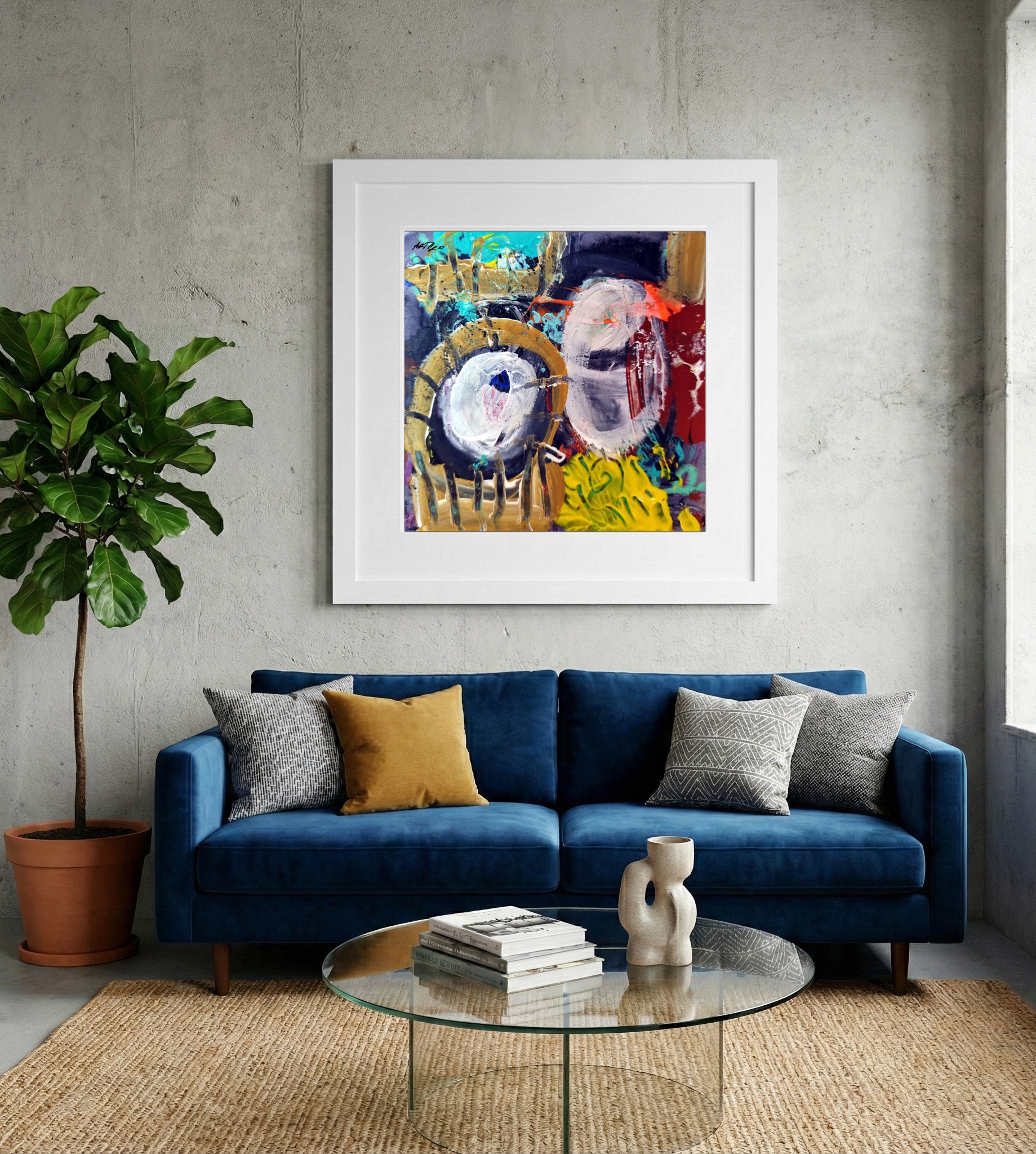 Vibrant Yellow and Blue Acrylic Abstract — art on the wall, room interior preview 2