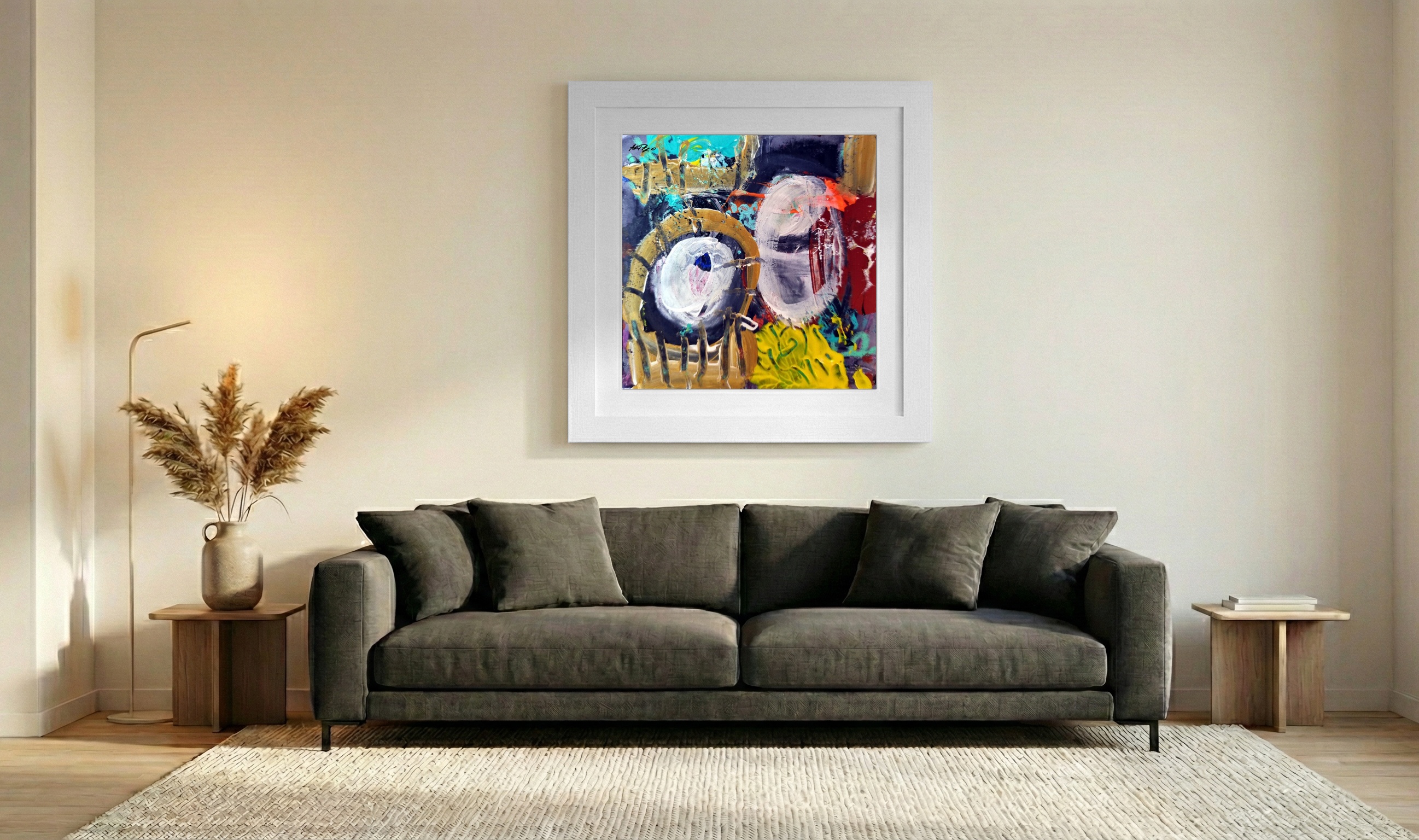 Vibrant Yellow and Blue Acrylic Abstract — art on the wall, room interior preview 3
