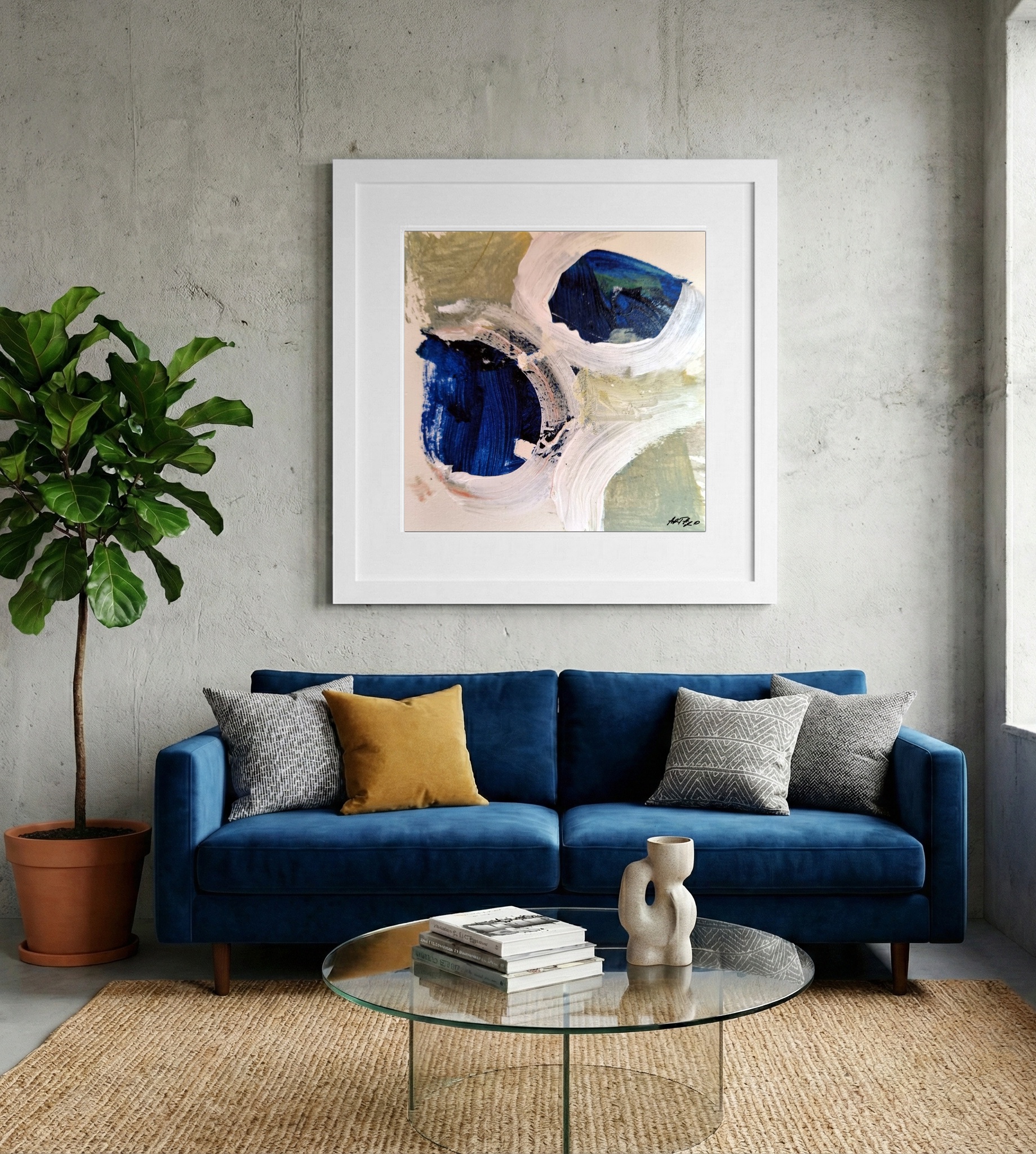 Navy and Green Abstract on Paper — art on the wall, room interior preview 2