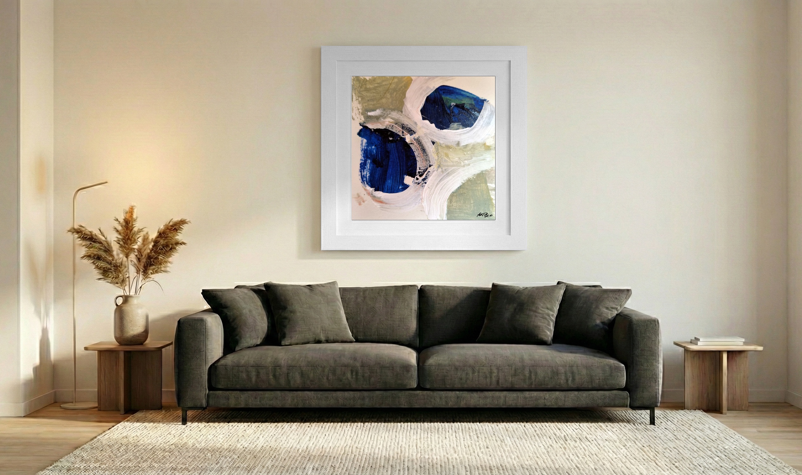 Navy and Green Abstract on Paper — art on the wall, room interior preview 3