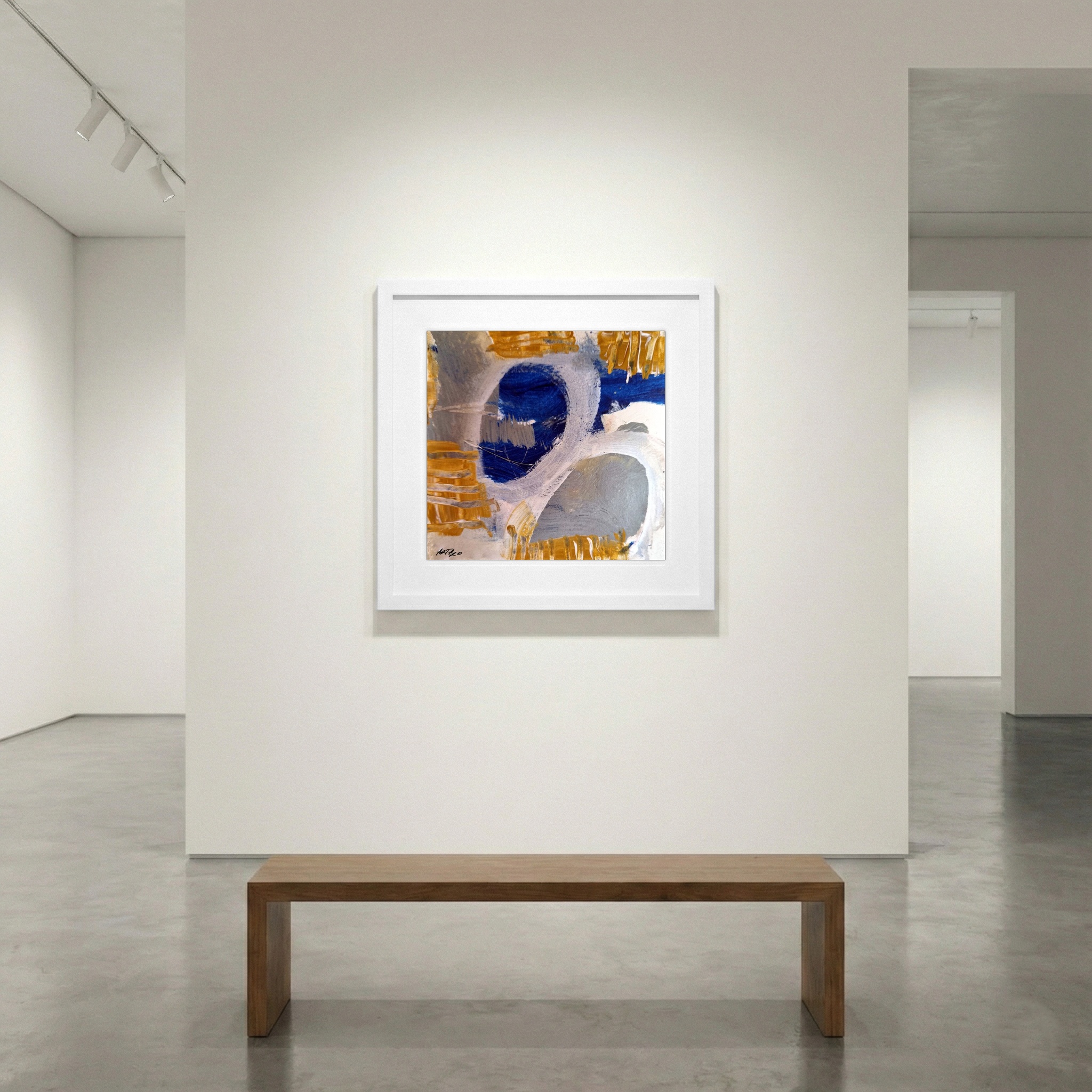 Golden and Deep Blue Acrylic on Paper — art on the wall, room interior preview 1