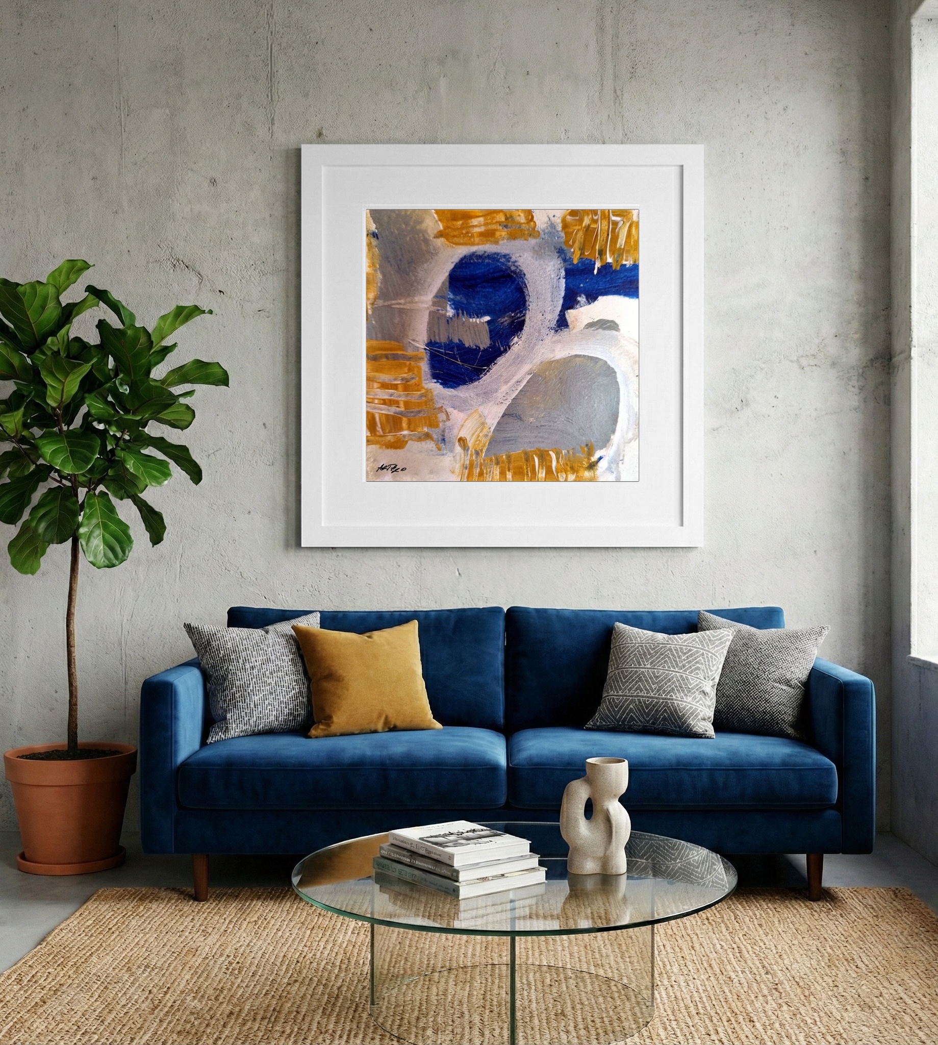 Golden and Deep Blue Acrylic on Paper — art on the wall, room interior preview 2