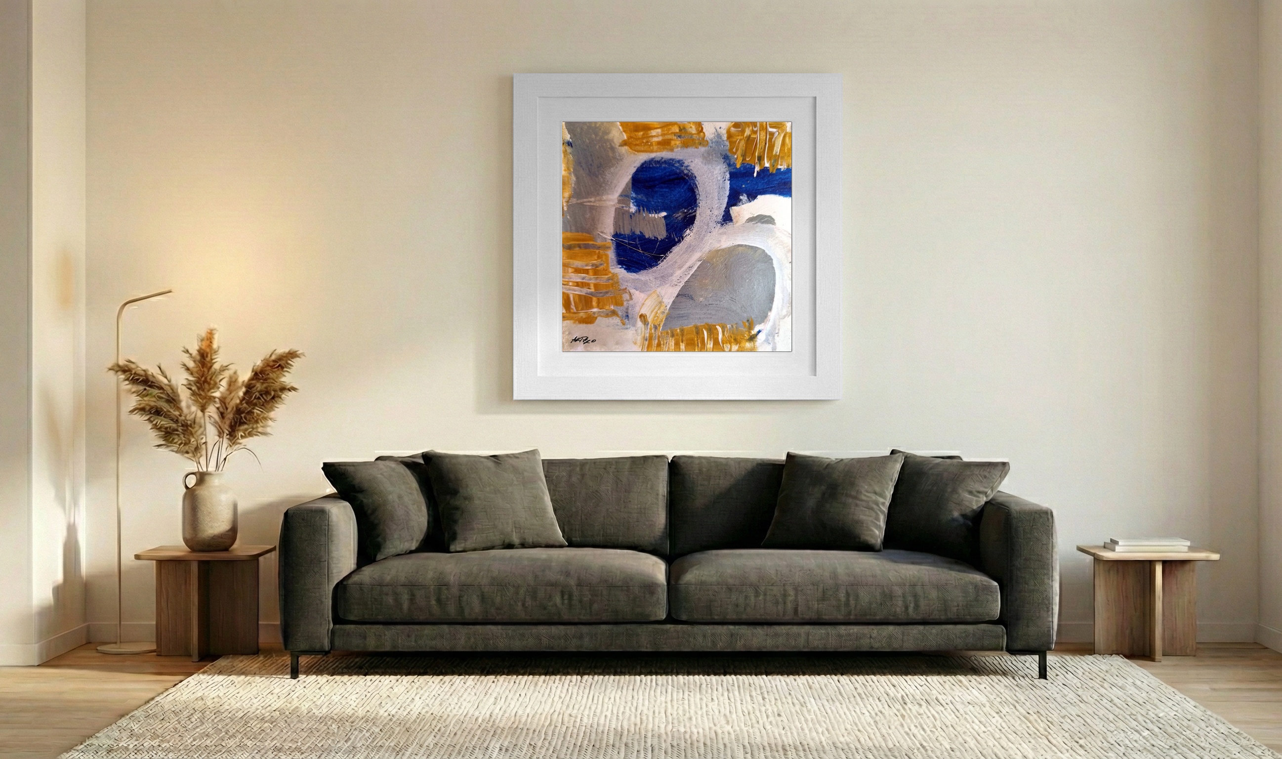 Golden and Deep Blue Acrylic on Paper — art on the wall, room interior preview 3