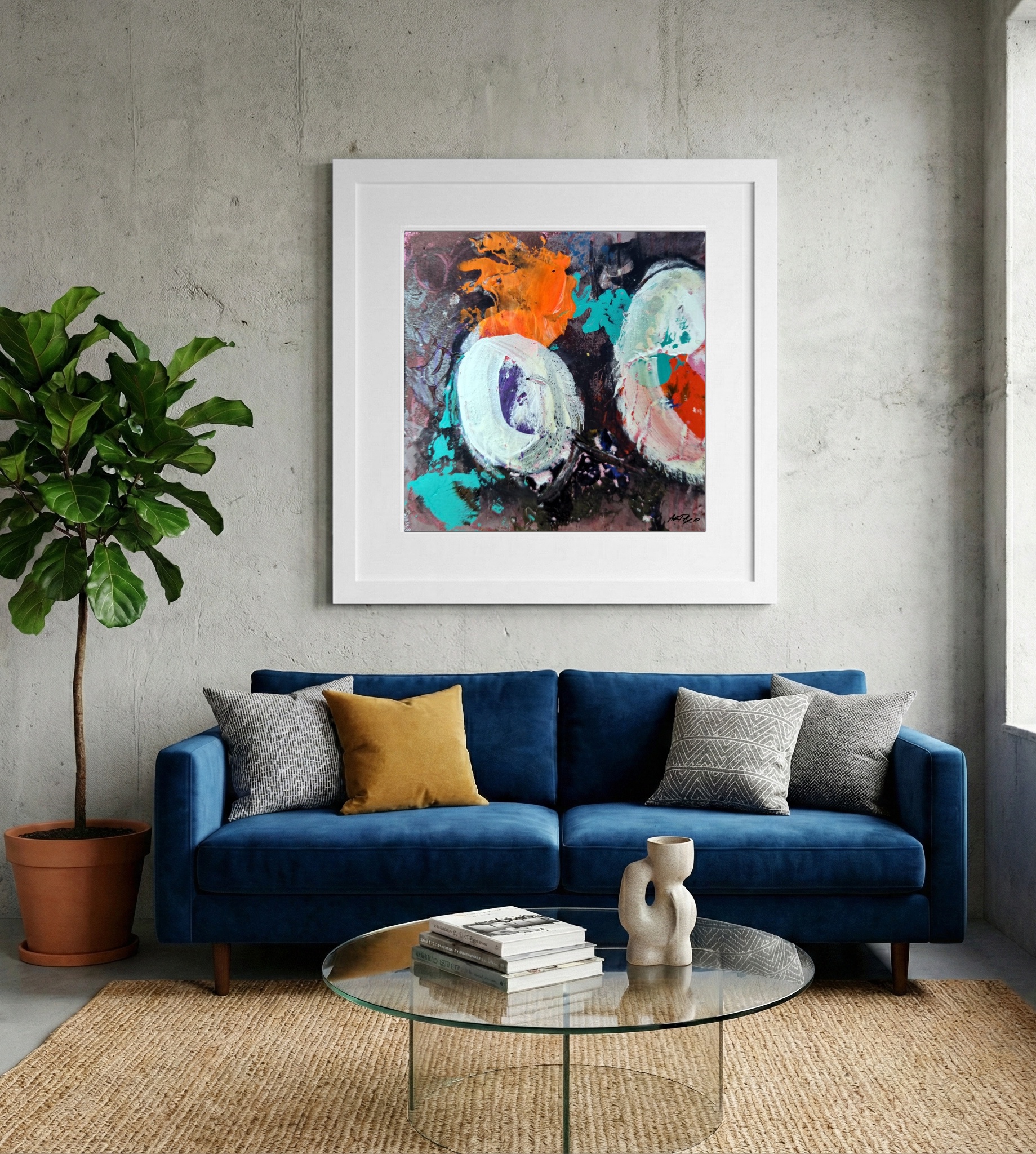 Teal and Orange Abstract on Paper — art on the wall, room interior preview 2
