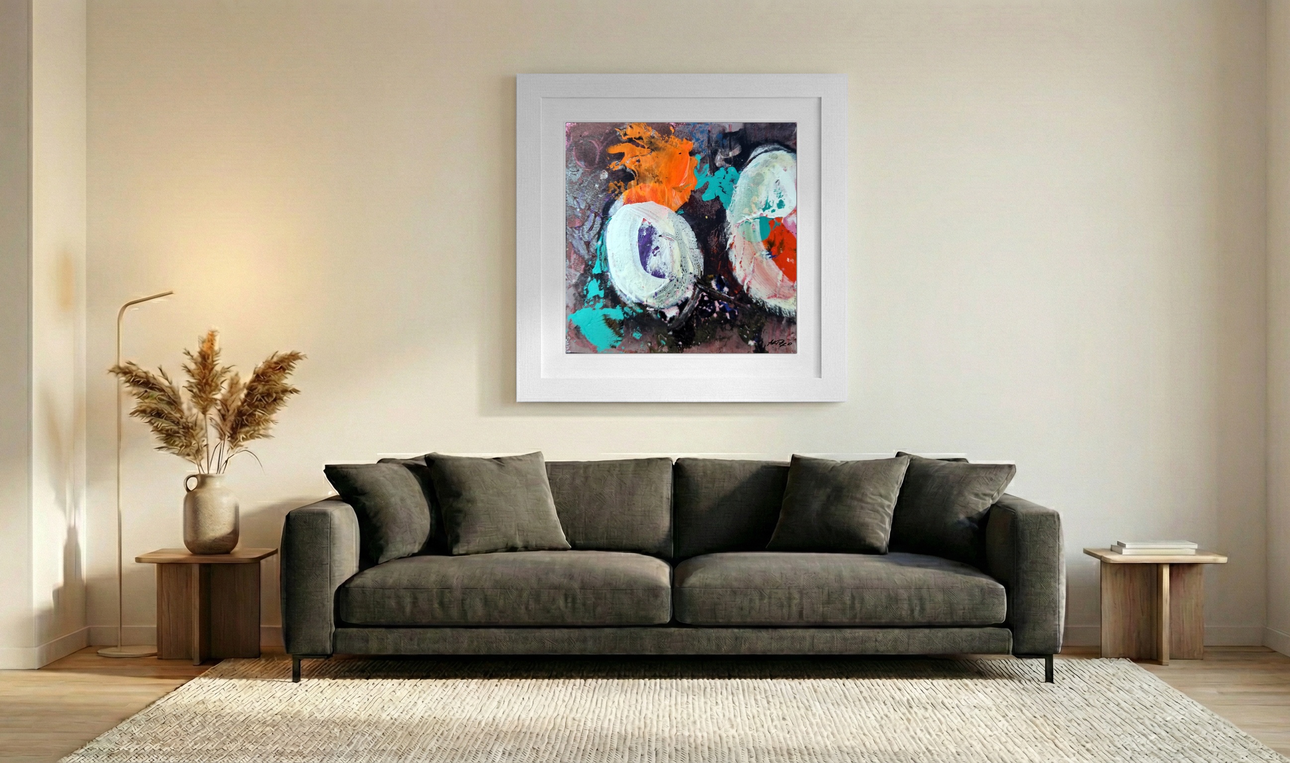 Teal and Orange Abstract on Paper — art on the wall, room interior preview 3