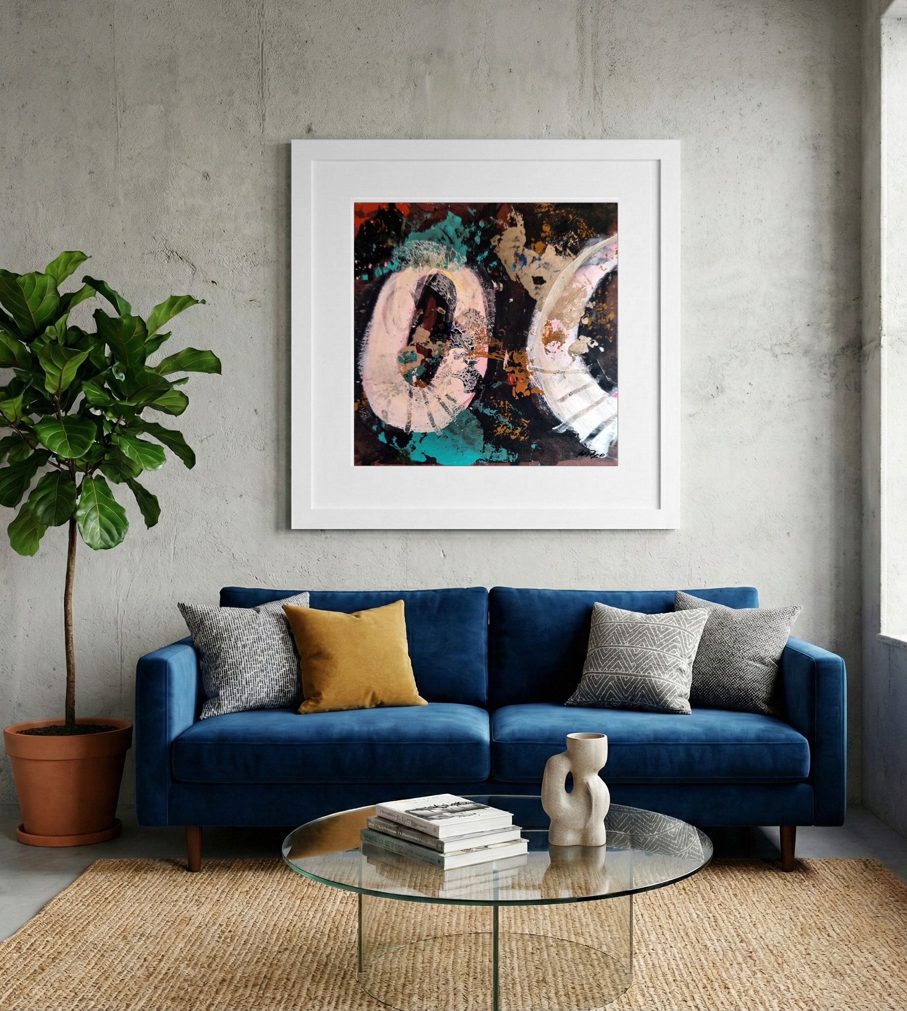Turquoise and Gold Acrylic Abstract on Paper — art on the wall, room interior preview 2