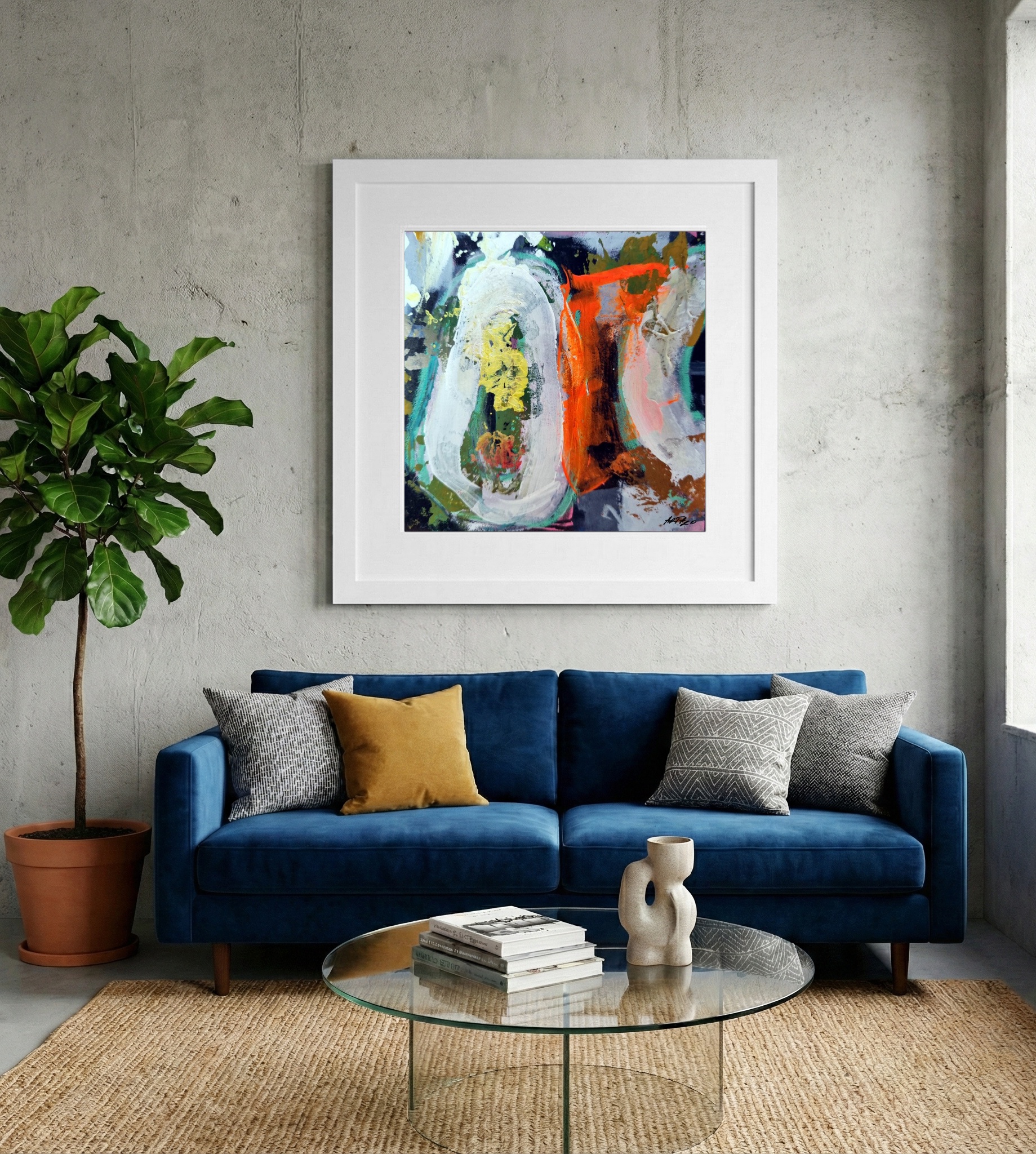 Sunny Yellow and Fiery Orange Abstract on Paper — art on the wall, room interior preview 2
