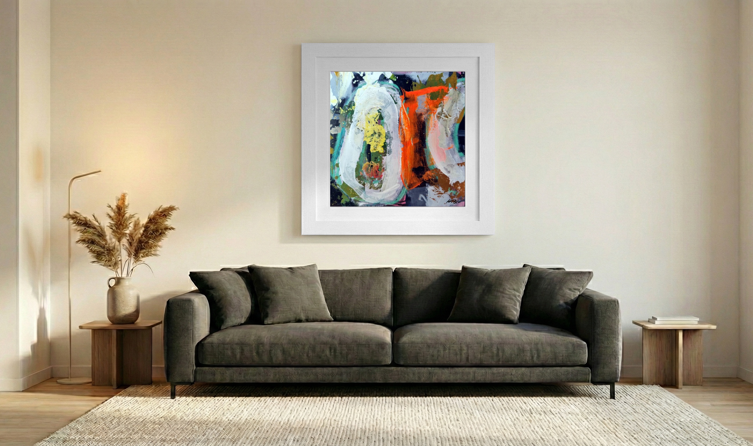 Sunny Yellow and Fiery Orange Abstract on Paper — art on the wall, room interior preview 3