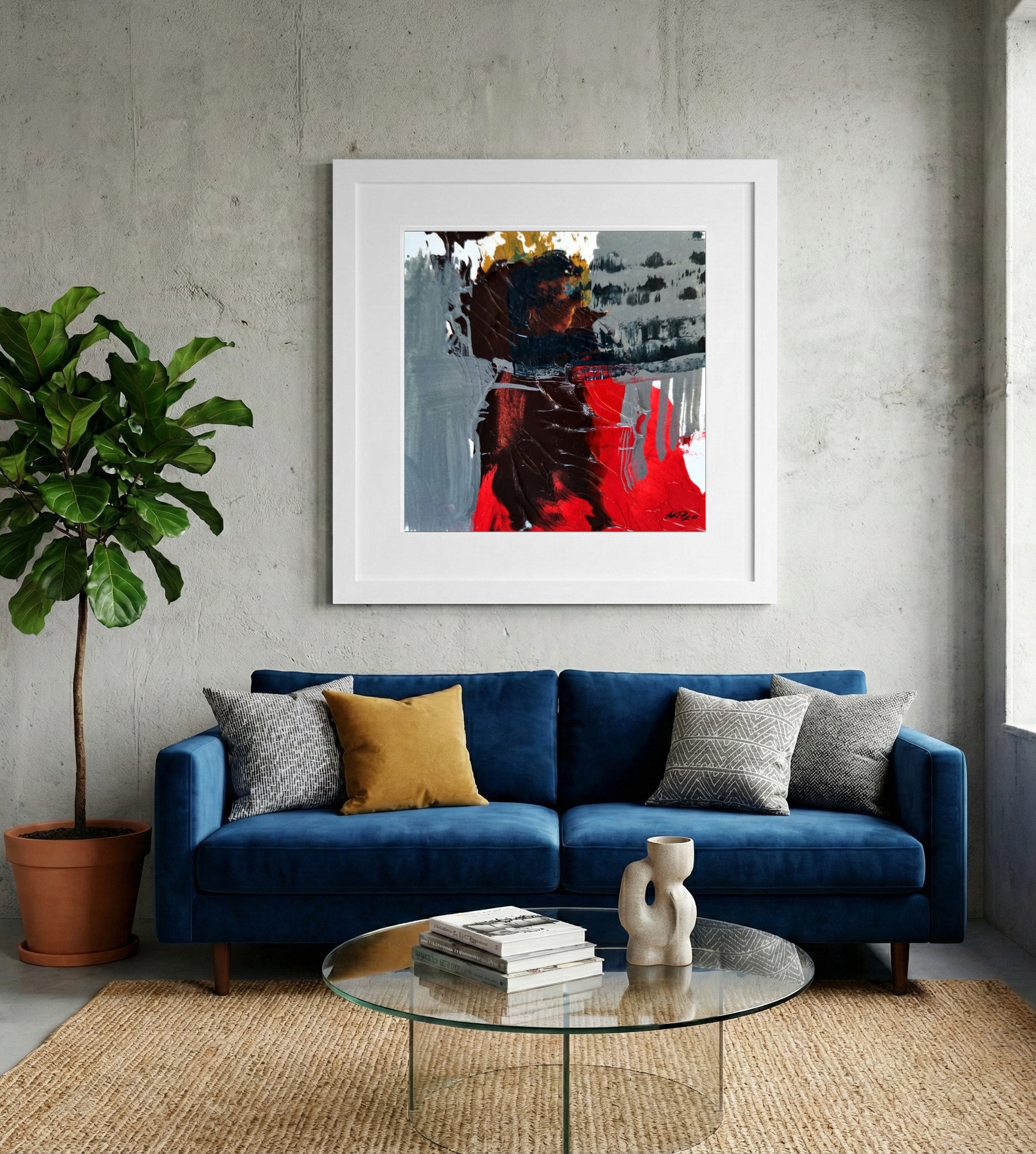 Cerulean and Crimson Acrylic on Paper — art on the wall, room interior preview 2