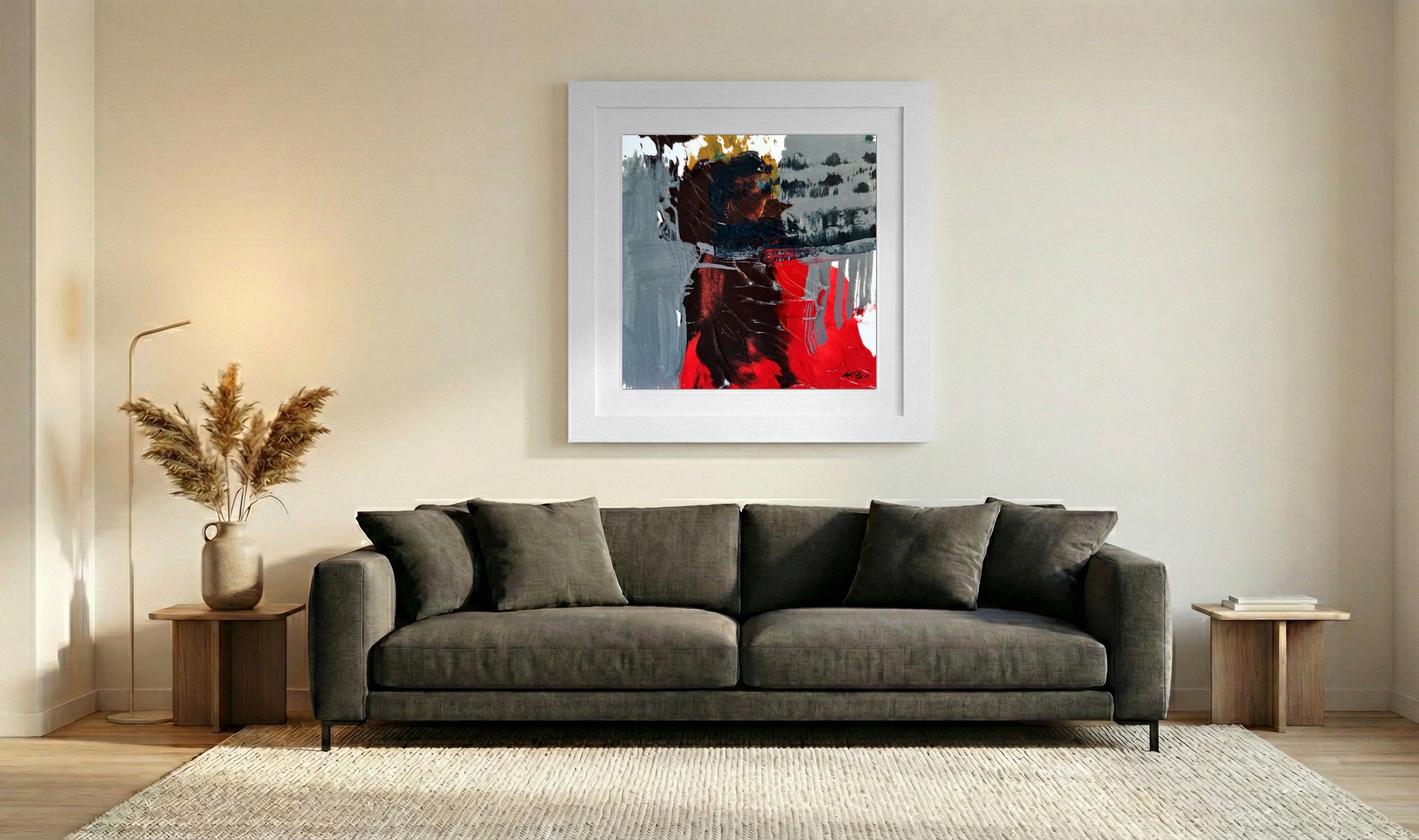 Cerulean and Crimson Acrylic on Paper — art on the wall, room interior preview 3