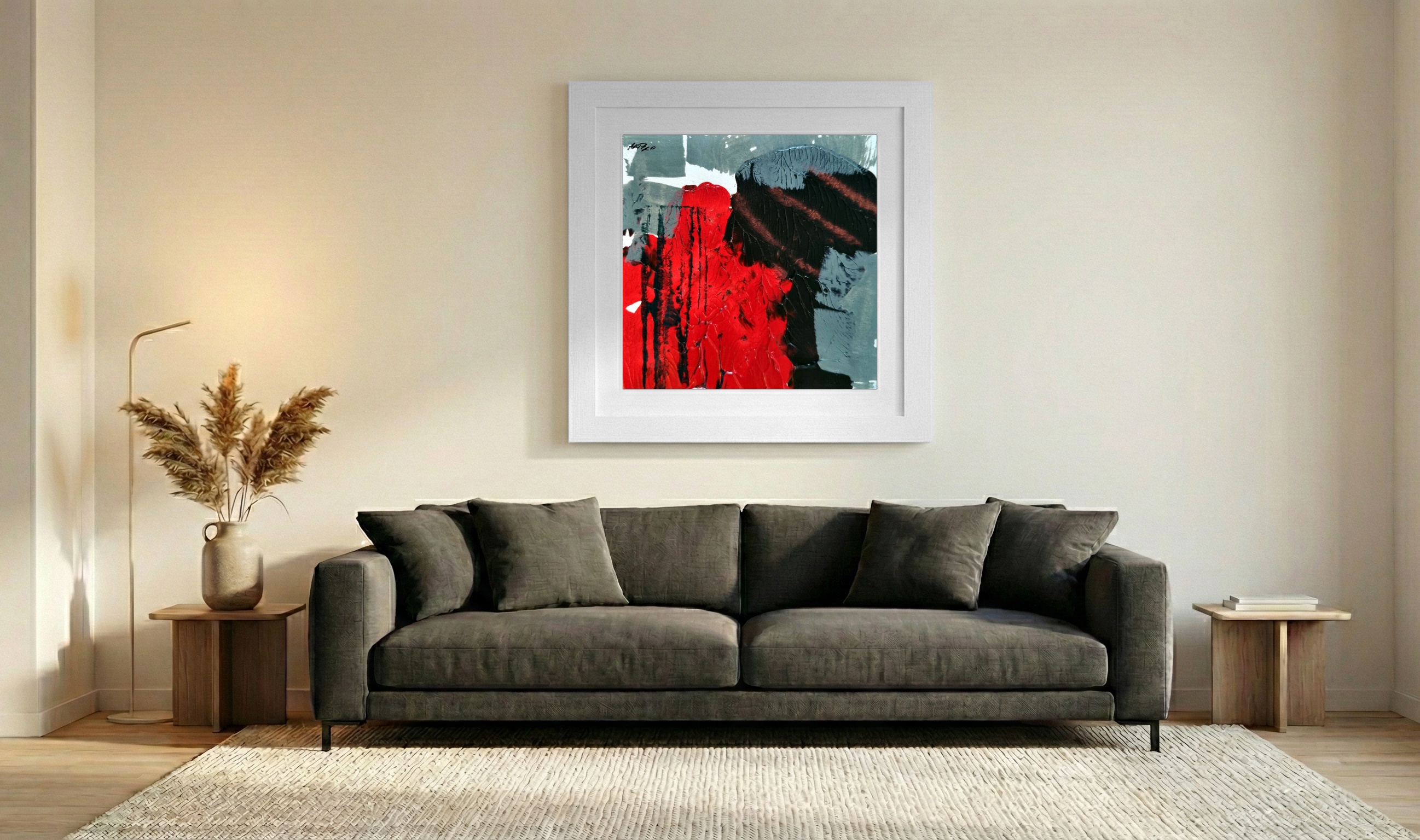 Crimson and Black Abstract Acrylic on Paper — art on the wall, room interior preview 3