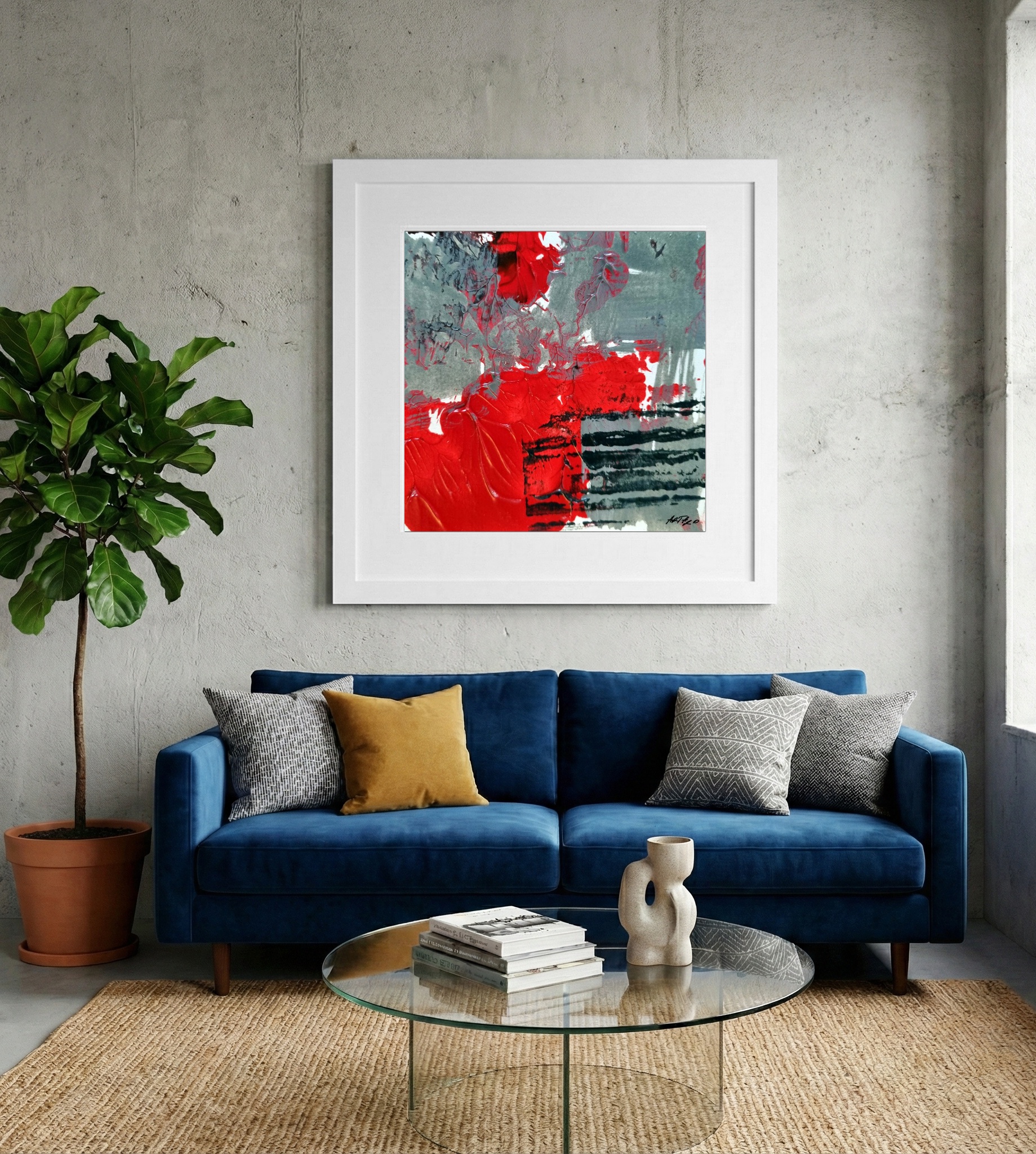 Crimson Acrylic Abstract with Gray Accents — art on the wall, room interior preview 2