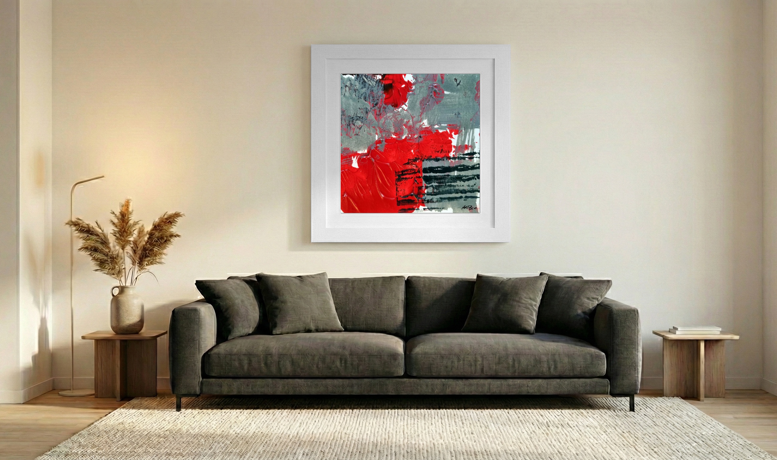 Crimson Acrylic Abstract with Gray Accents — art on the wall, room interior preview 3