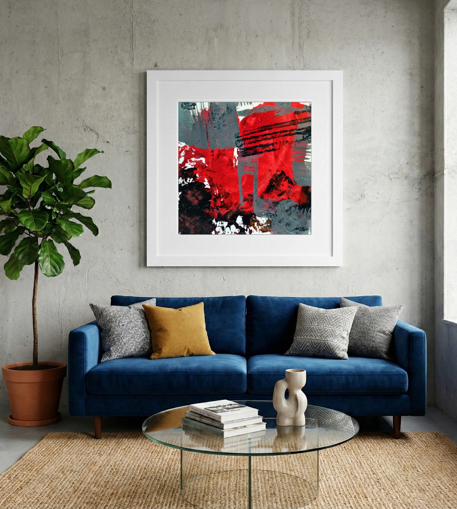 Crimson and Grey Energetic Abstract on Paper — art on the wall, room interior preview 2