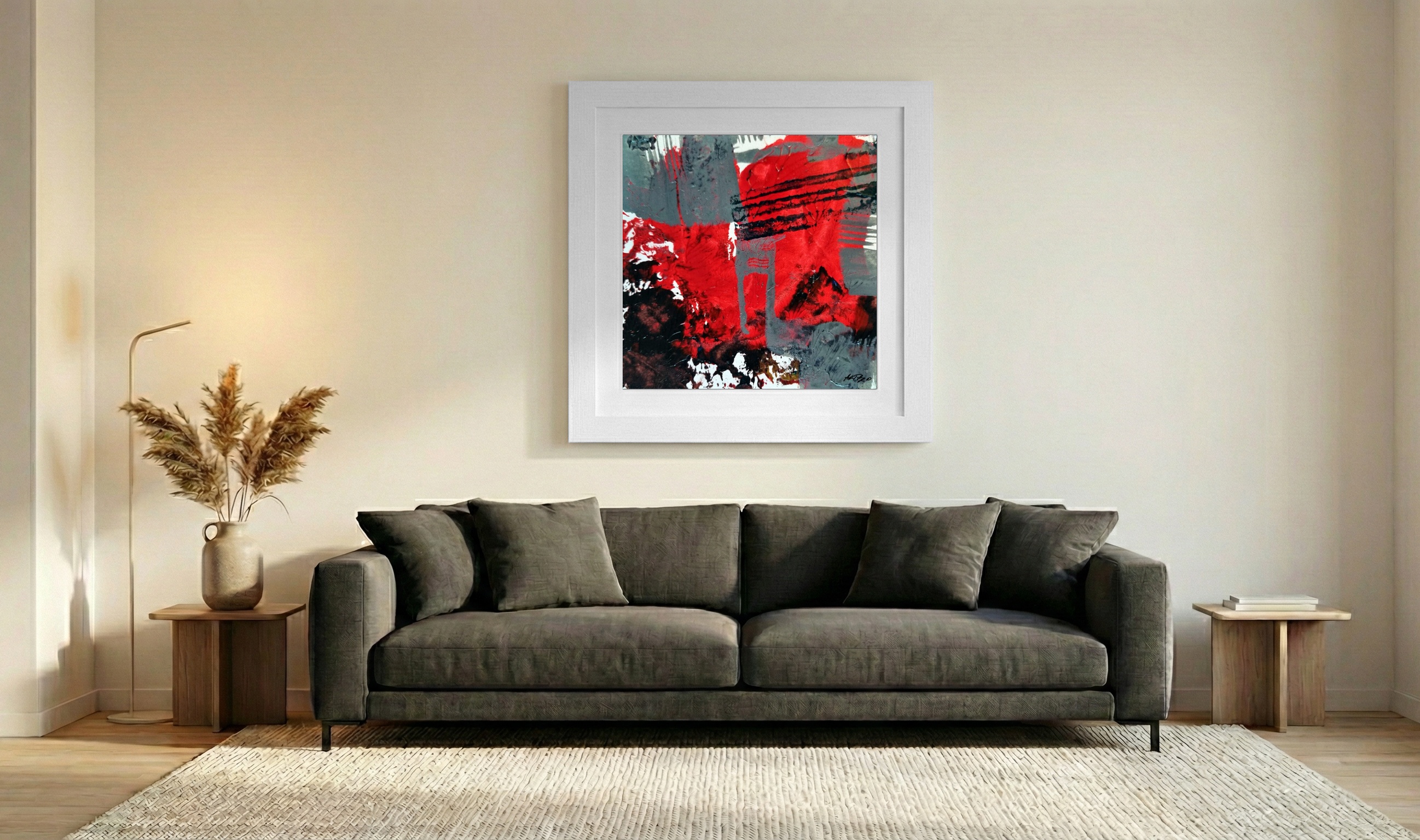 Crimson and Grey Energetic Abstract on Paper — art on the wall, room interior preview 3