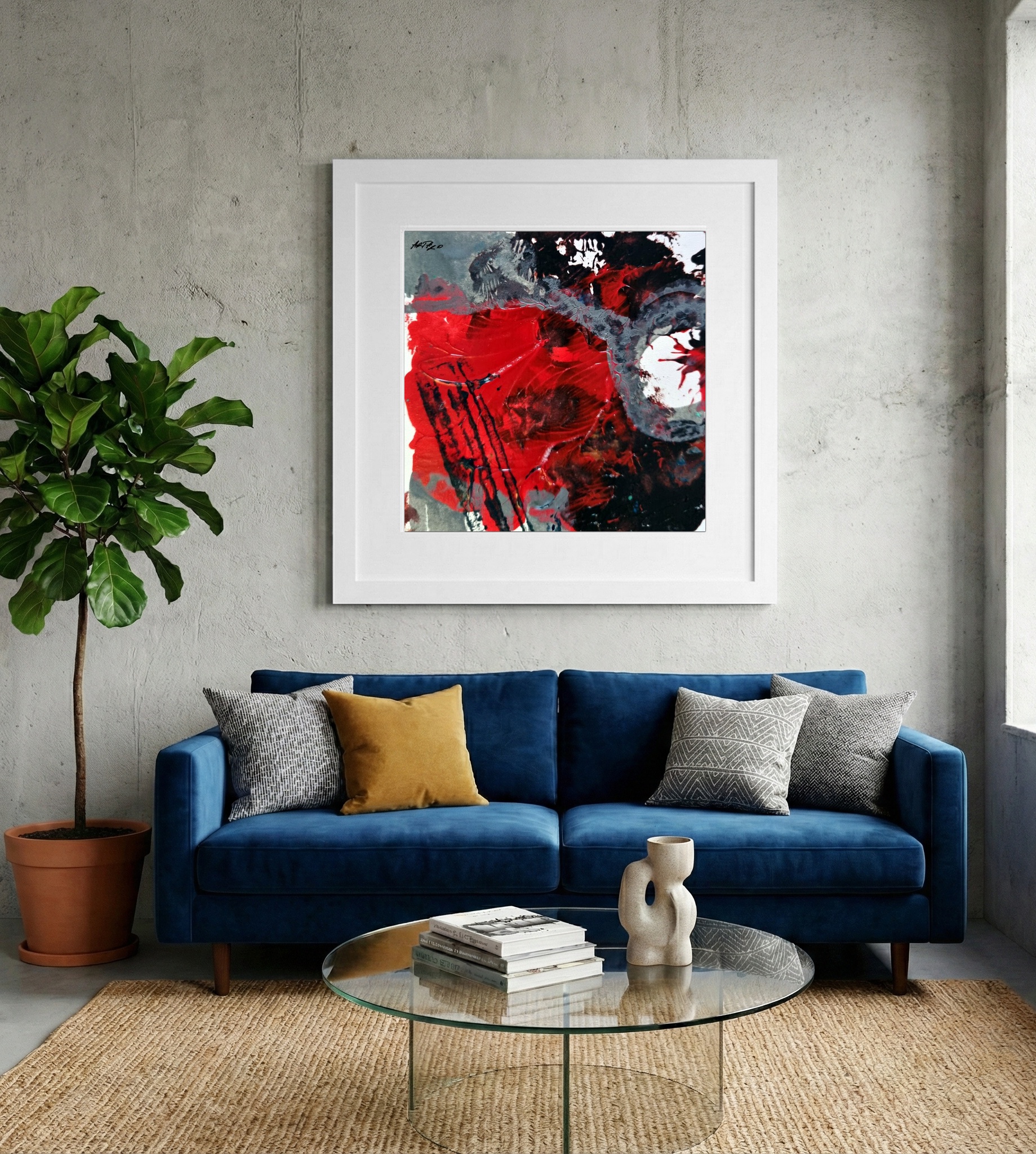 Crimson and Gray Acrylic on Paper — art on the wall, room interior preview 2